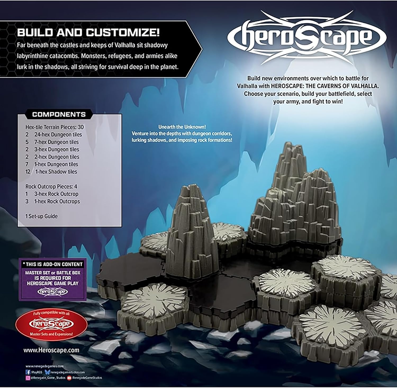 Renegade Game Studios Heroscape Caverns of Valhalla Terrain Expansion, 34-Piece Dungeon Hex Tiles & Rock Outcrops