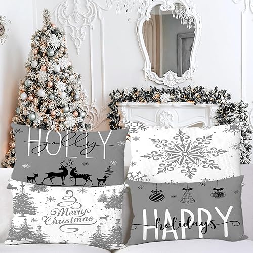 Miniatura 2 de Artmag Juego de 4 fundas de almohada de Navidad de 12 x 20 pulgadas, decoración de casa de campo, feliz día festivo, copos de nieve, decoración de