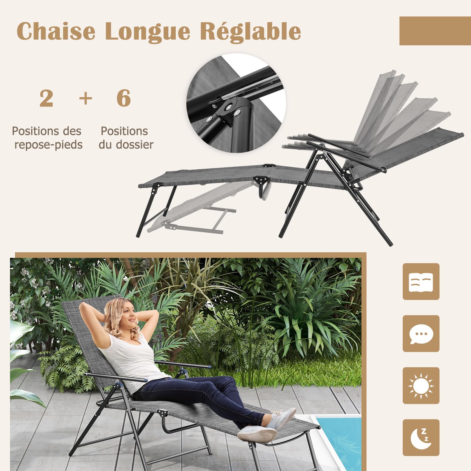 GIANTEX Lot de 2 Transats Jardin Extérieur, Chaises Longues Pliables avec Dossier et Repose-Pieds Réglables, Transats Pliables, Charge 150 KG, Bain de Soleil pour Jardin, Piscine, Patio (Gris)