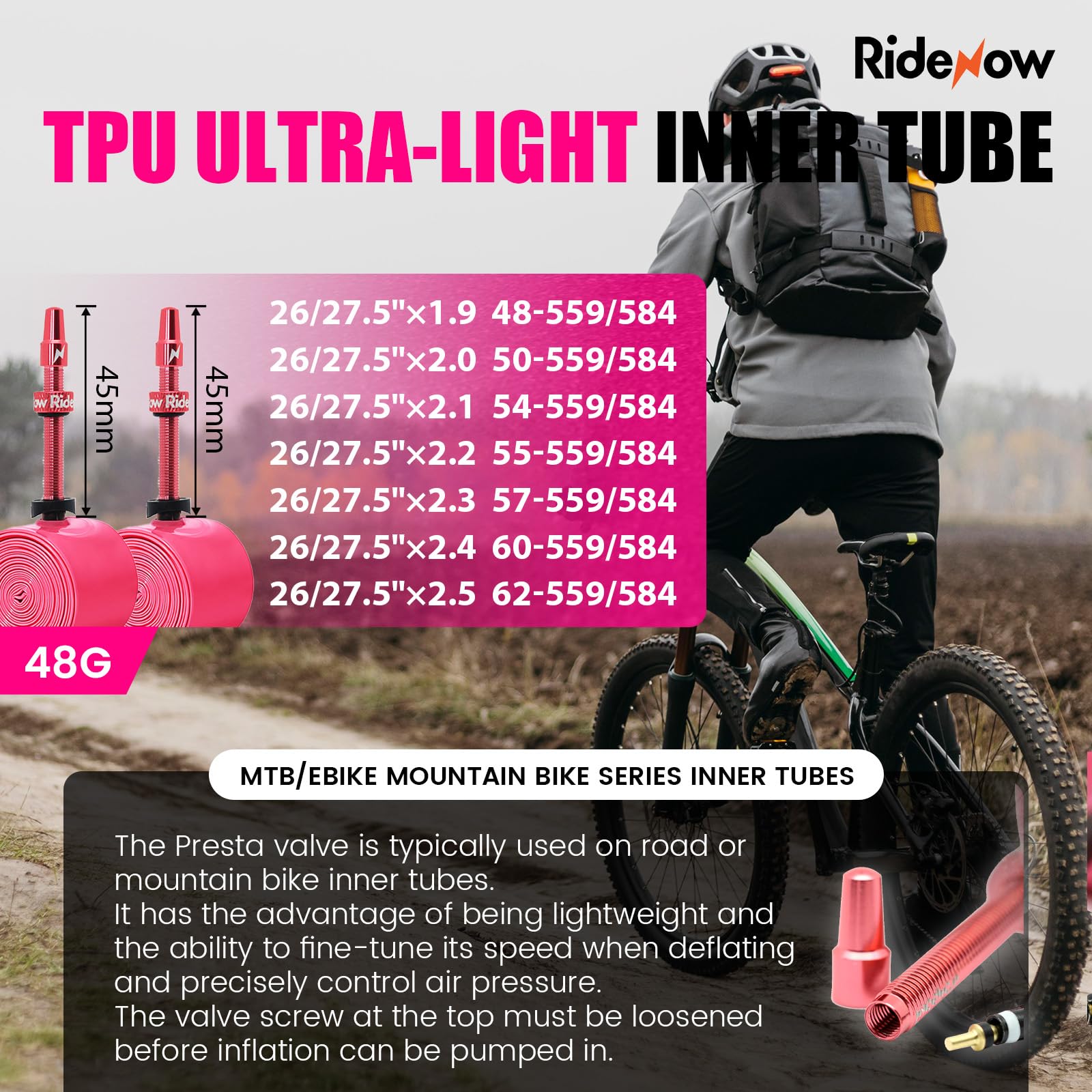 RideNow Lot de 2 chambres à air de vélo en TPU 48 g 27,5" pour 1,9-2,5