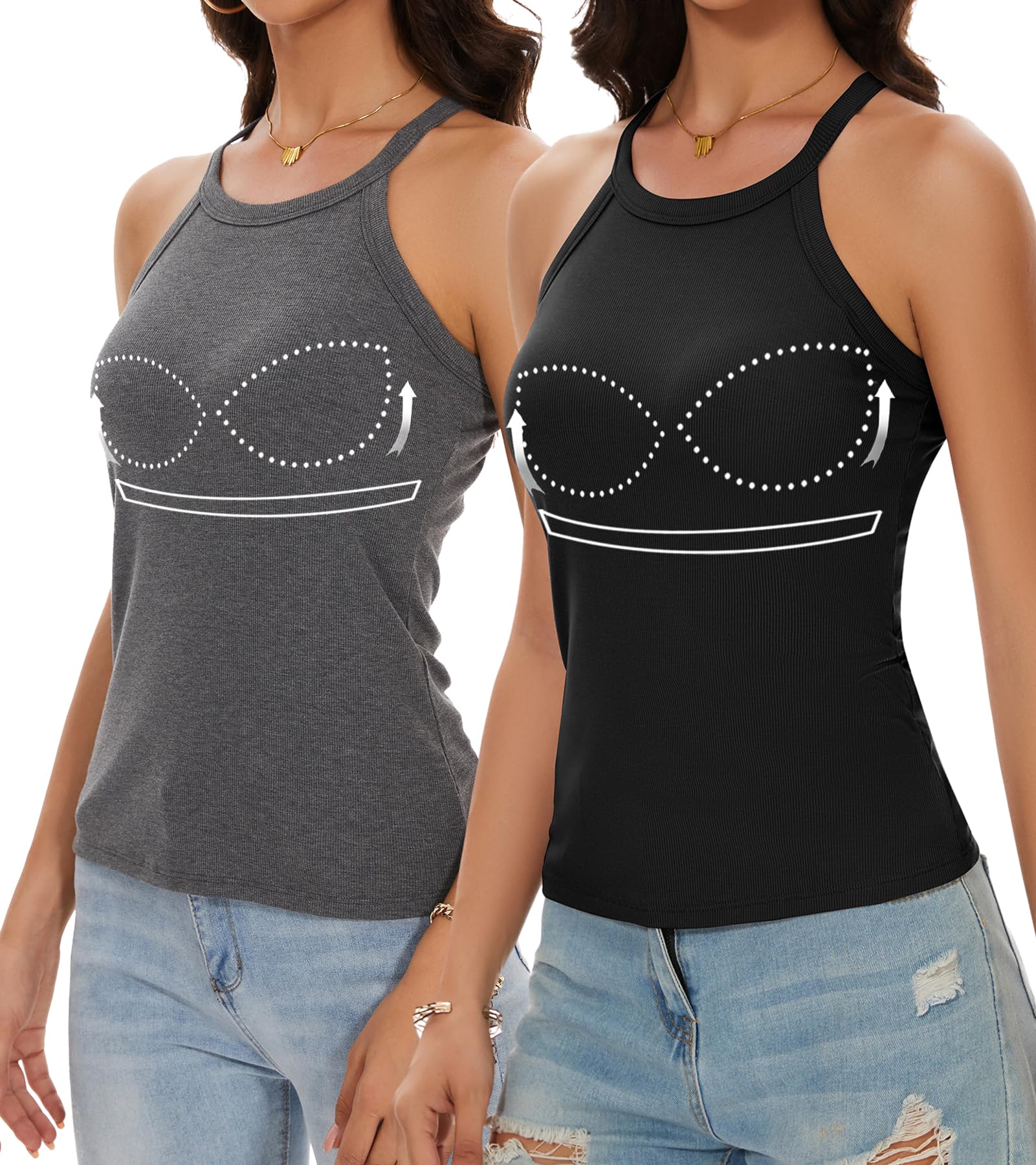 Womens Racerback Ribbed Tank Top Camisole with Built in Bra Running Yoga Sport Bra Athletic Slim Sleeveless Summer Top