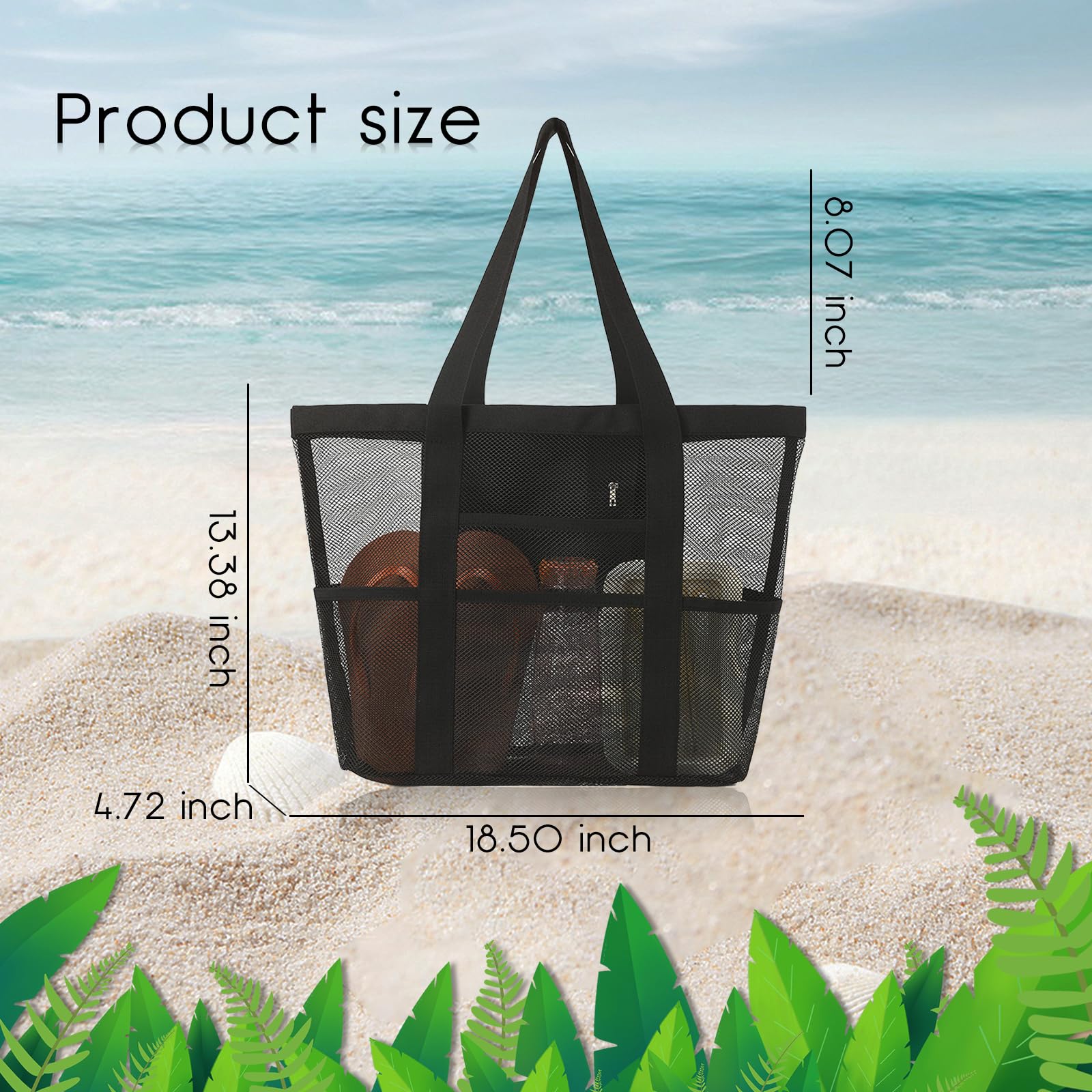 Borsa da Spiaggia Rete Grande Capacità Impermeabile Leggera con Cerniera per Piscina Picnic Viaggio