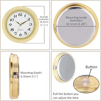 ShoppeWatch Mini Clock Insert 1 7/16 (35mm) Quartz Movement | Miniature Clock Face Insert | Small Round Fit Up White Dial Gold Tone Bezel Arabic Numerals CK094GD