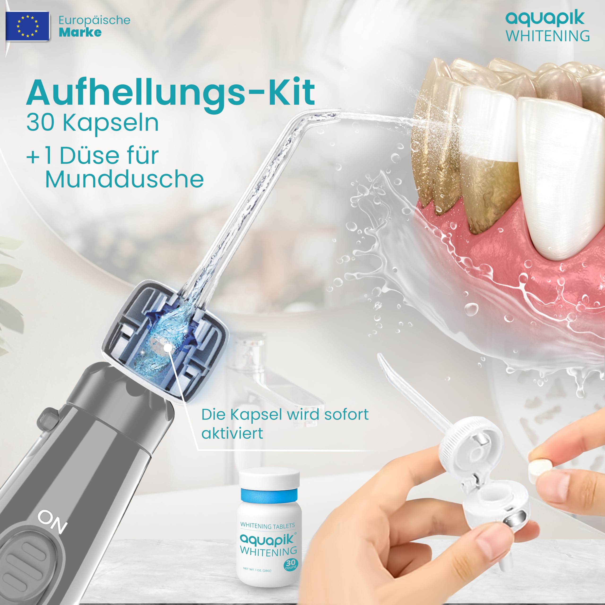 Aquapik® ADVANCED Munddusche | Ideal für Zahnspangen, Implantate und empfindliches Zahnfleisch | Aufhellungs-Kit entfernt Flecken | 10 Druckstufen | 10 Düsen | Von Zahnärzten empfohlen.