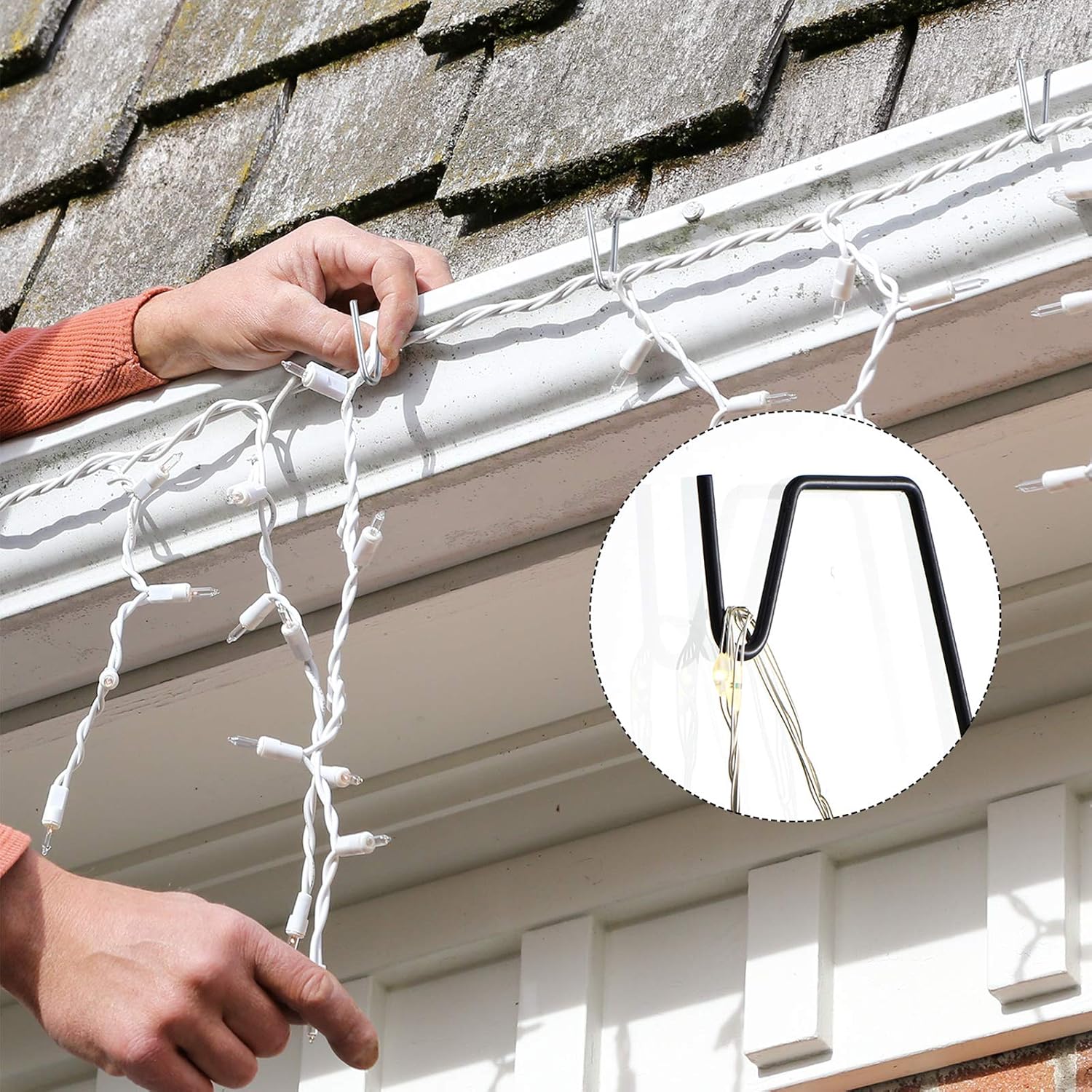 Ripeng 50 Pcs Metal Gutter Hooks for Christmas Light Outdoor Stainless Steel Hook Clips for Gutter Guards Mesh Leaf Filter Shingle Eaves Fences Wire Ornament Clips Hooks for Hanging Xmas Light Outside