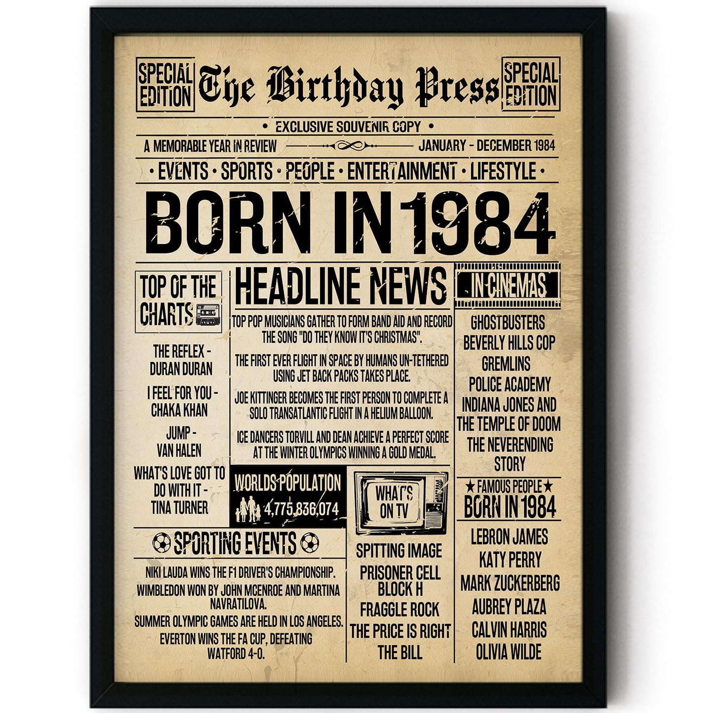 Stuff4 Women's 1984 42Nd Birthday Poster Framed - Born In Vintage Newspaper - Happy 42Nd Birthday Gifts For Men Retro Back In 8X10 Inch Decor Decoration Bday Party