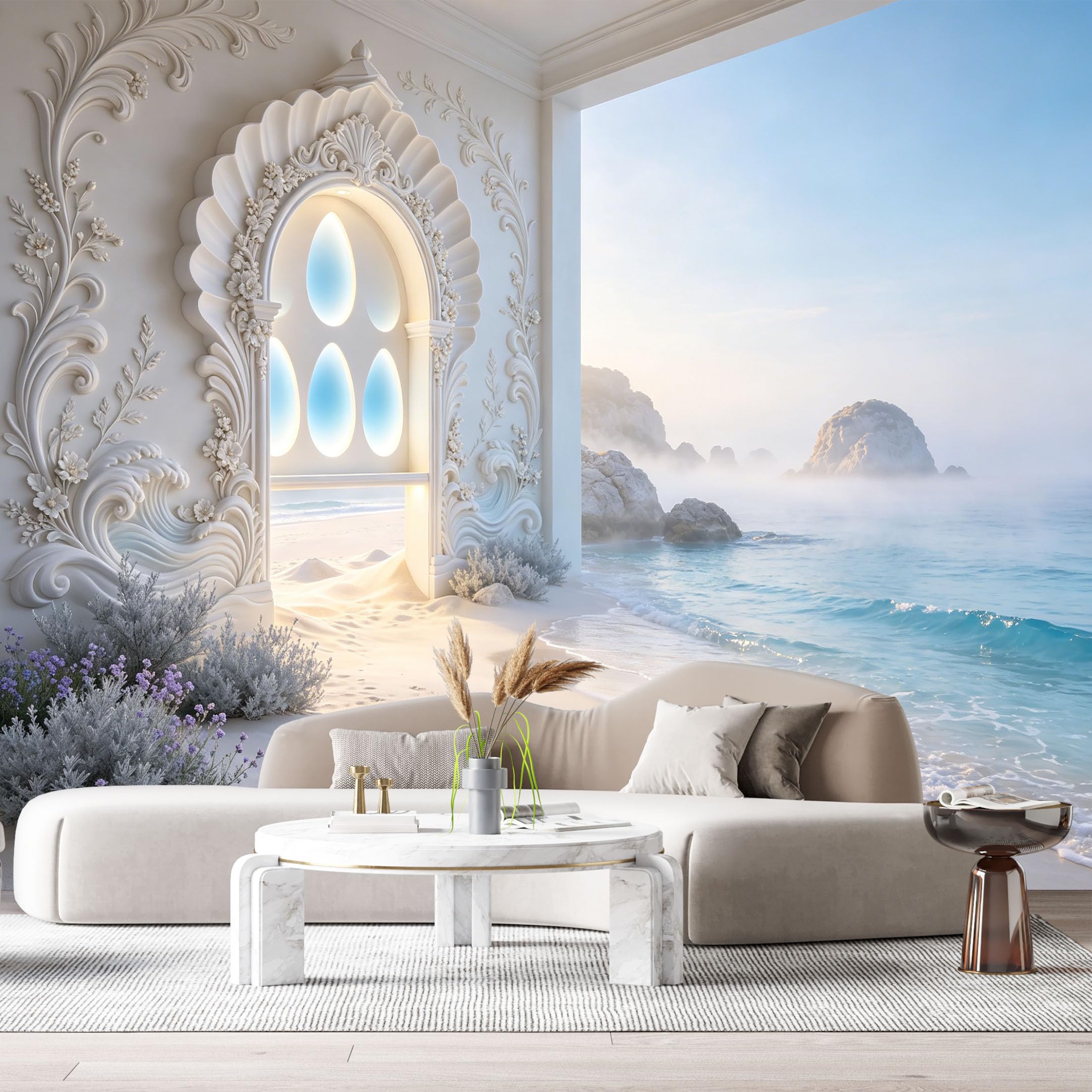Custom Size Wall Murals Surreal Coastal Interior 3D Trompe L'Oeil SelfAdhesiveWall Fabric Removable Wallpaper Wall Decor for Living Room Bedroom Bathroom