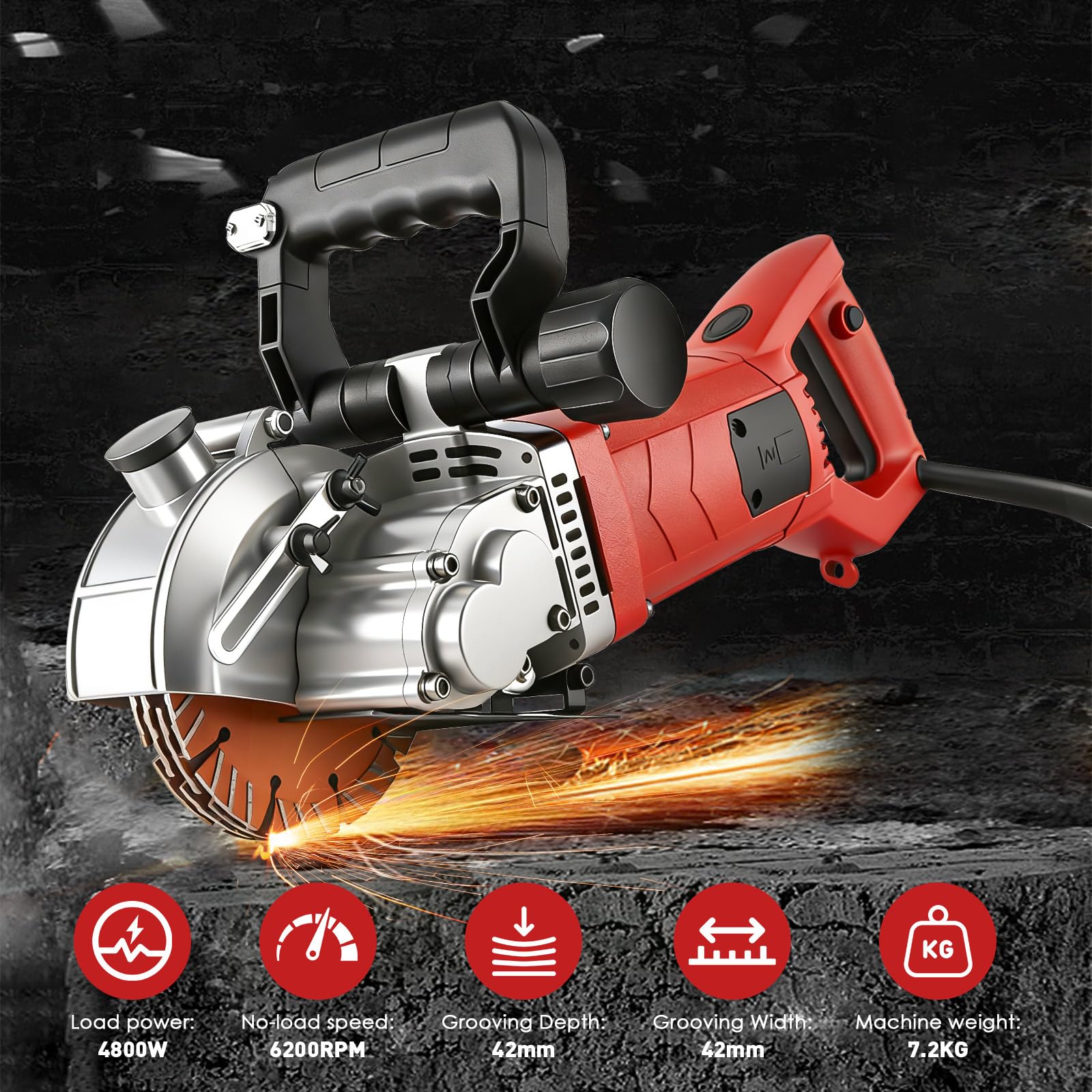 Rozadora Pared 4800W Profundidad 42mm Máquina de Ranurado para Hormigón y Ladrillo Incluye 5 Hojas de Ø125mm 6500 Rpm Bomba de Agua y Maletín Profesional