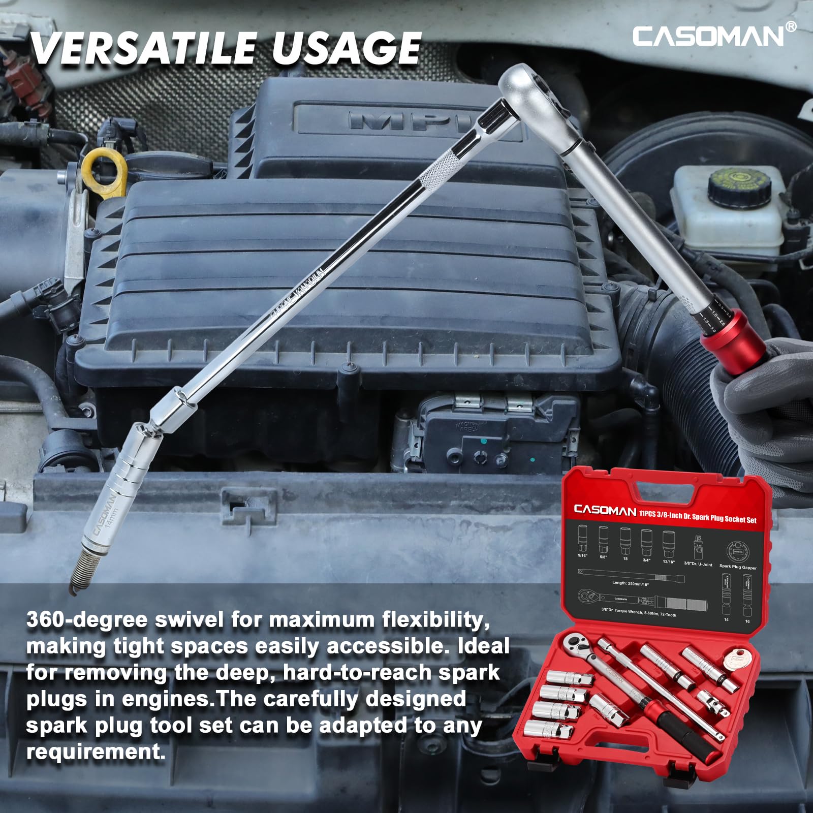 CASOMAN 11PCS 3/8-Inch Drive Spark Plug Socket Set, 6&12-Point, Include 5-60Nm Click Torque Wrench, Spark Plug Gapper, U-Joint & Ext Bar, CR-V | 6 & 12-Punkt, 5-60Nm Drehmomentschlüssel, Zündkerzenlehre, Kardangelenk & Verlängerungsstange, CR-V
