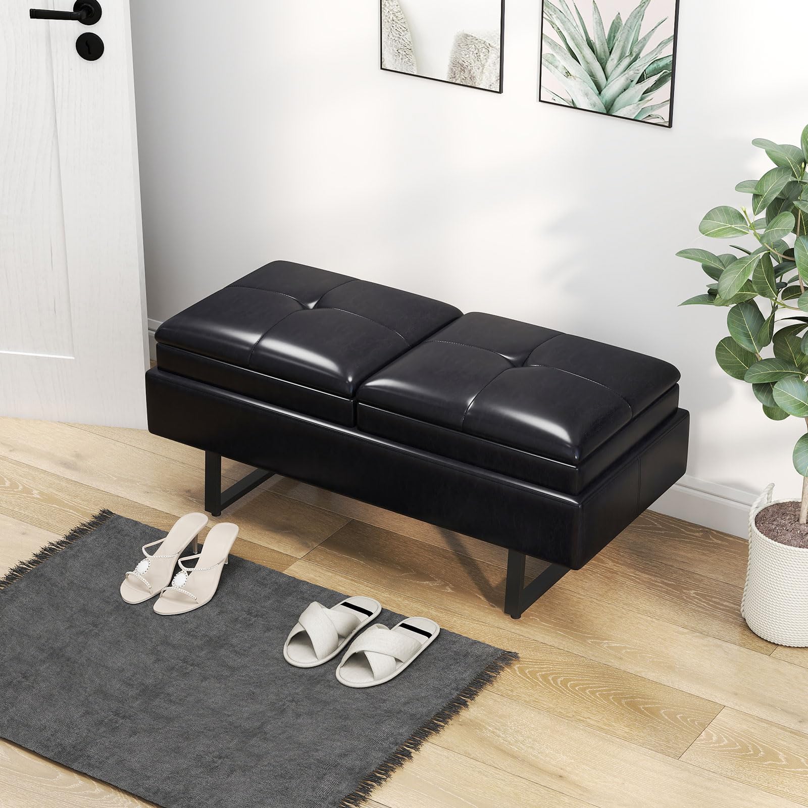 Kinpaw Entryway Leather Bench Waiting Room Chairs - Black End of Bed Bench for Bedroom, Living Room, Hallway, Salon, Entry Way, Indoor Shoe Bench with