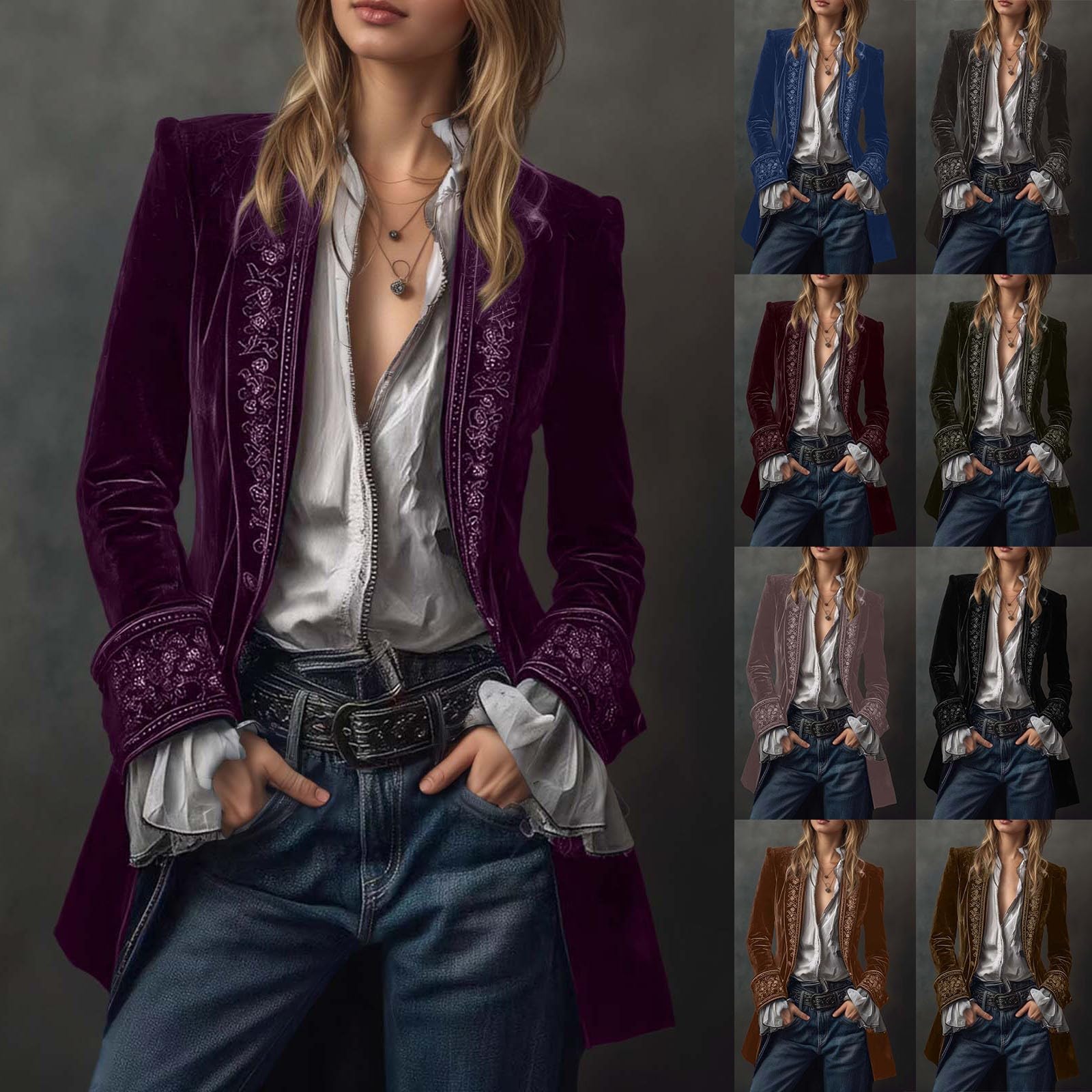 Blazer vintage en velours pour femme - Col en V brodé - Veste longue en velours - Col cranté - Manteaux victorien gothique - Veste de pirate - Manteau long steampunk médiéval