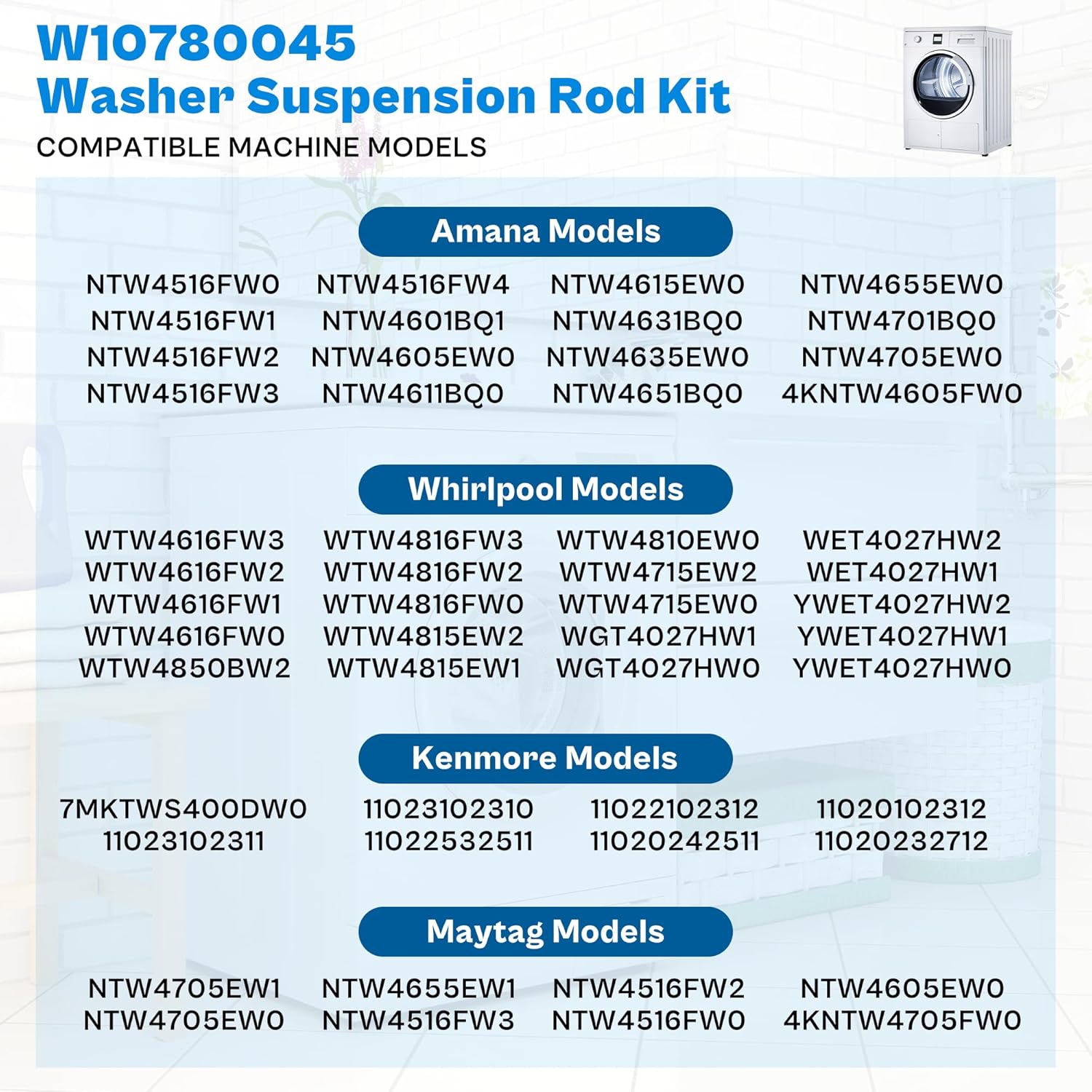 NTW4516FW3 NTW4516FW2 WTW4816FW2 W10780045 Washer Suspension Rod Kit for Amana Whirlpool Kenmore - Fits WTW4800BQ1 NTW4605EW0 WTW4616FW0 | Reduces Washer Vibration