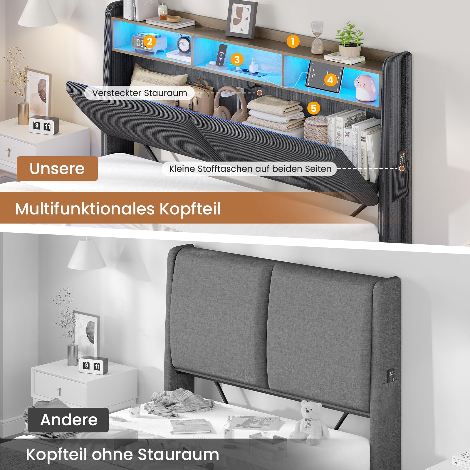Hydraulisches Stauraumbett mit LED Beleuchtung und Steckdosen,Polsterbett mit Stauraum Kopfteil Jugendbett Betten mit HolzLattenrost & USB-Ladefunktion,Ohne Matratze (Dunkelgrau Cord, 140x200cm)