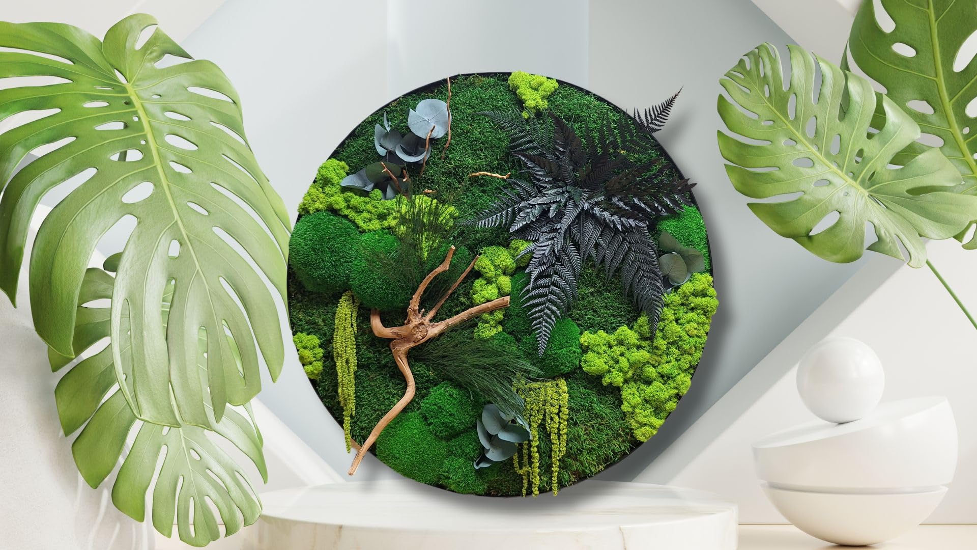 HelloMoss Moosbilder mit Rahmen 40cm - Moosbild XXL mit Island Moos Konserviert - Luxus Deko für Ihr Zuhause - Mooswand Deko Wohnzimmer Groß