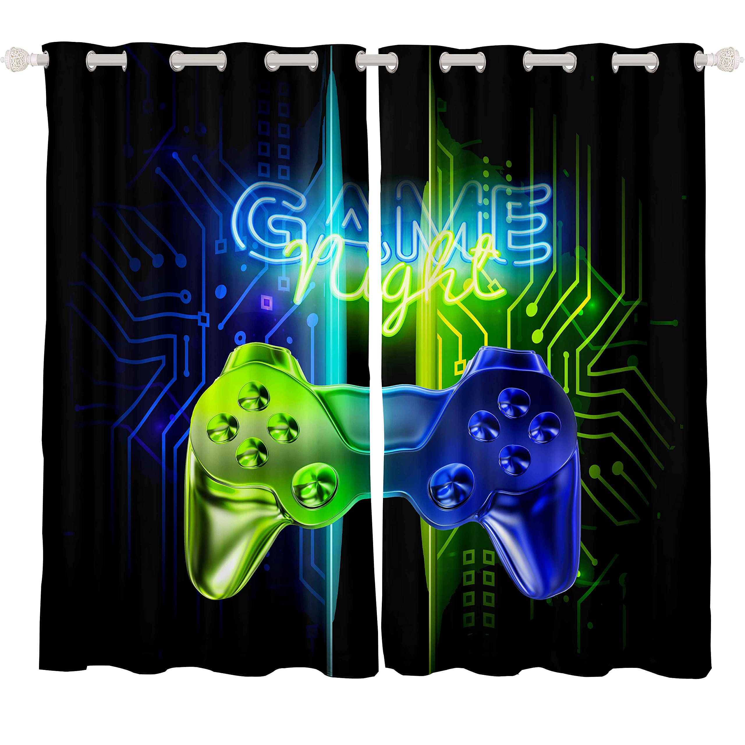 Loussiesd - Tende oscuranti per camera da letto, a tema gaming/videogiochi, per ragazzi e adolescenti, colore: blu/verde/neon, motivo: gamepad, con occhielli, set di tende termicamente isolate, 116,8