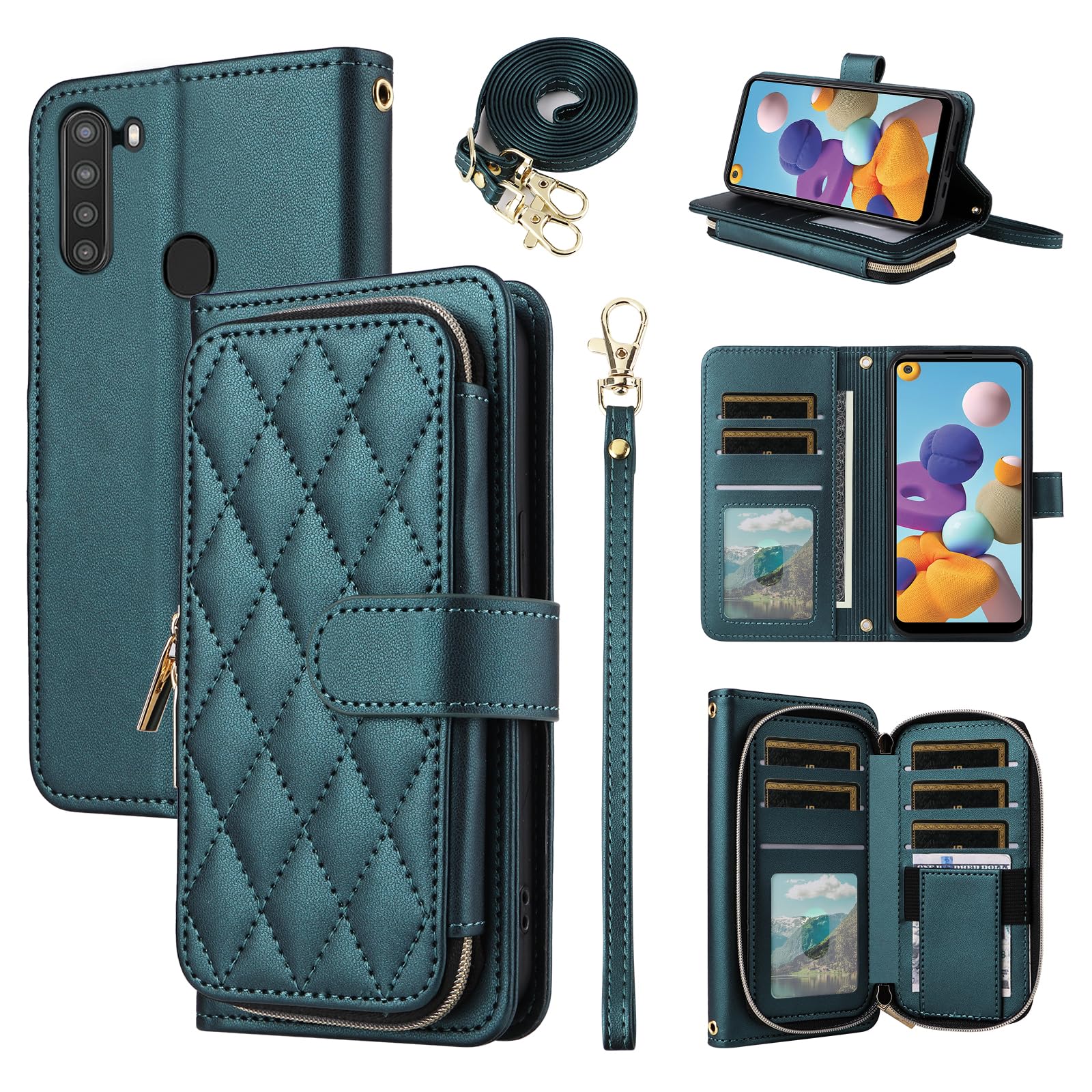 Furiet Argyle Wallet Case for Samsung Galaxy A21 with Wrist Strap Shoulder Strap, 9+ Card Slots Zipper Purse Luxury PU Leather Stand Checkered Cell