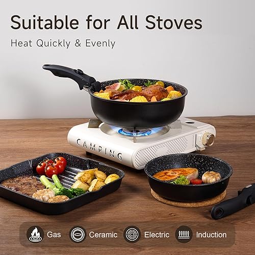 Miniatura 6 de JEETEE Juego de ollas y sartenes antiadherentes con mango extraíbledesmontable (25 piezas, negro, 25 piezas)