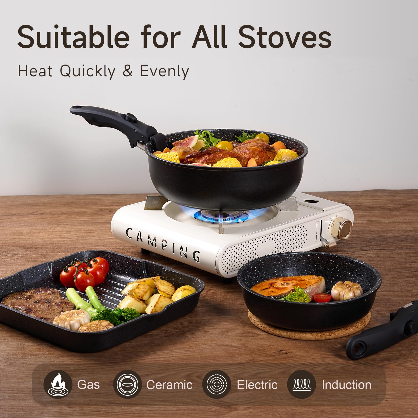 JEETEE Set Pentole Induzione 25 pezzi, Set Padelle Antiaderenti con Manici Rimovibili, Padelle 20/26cm, Padella Profonda 26cm, Casseruola 18/20cm, Padella Grill 26cm, Impilabile, Adatto ai Forni