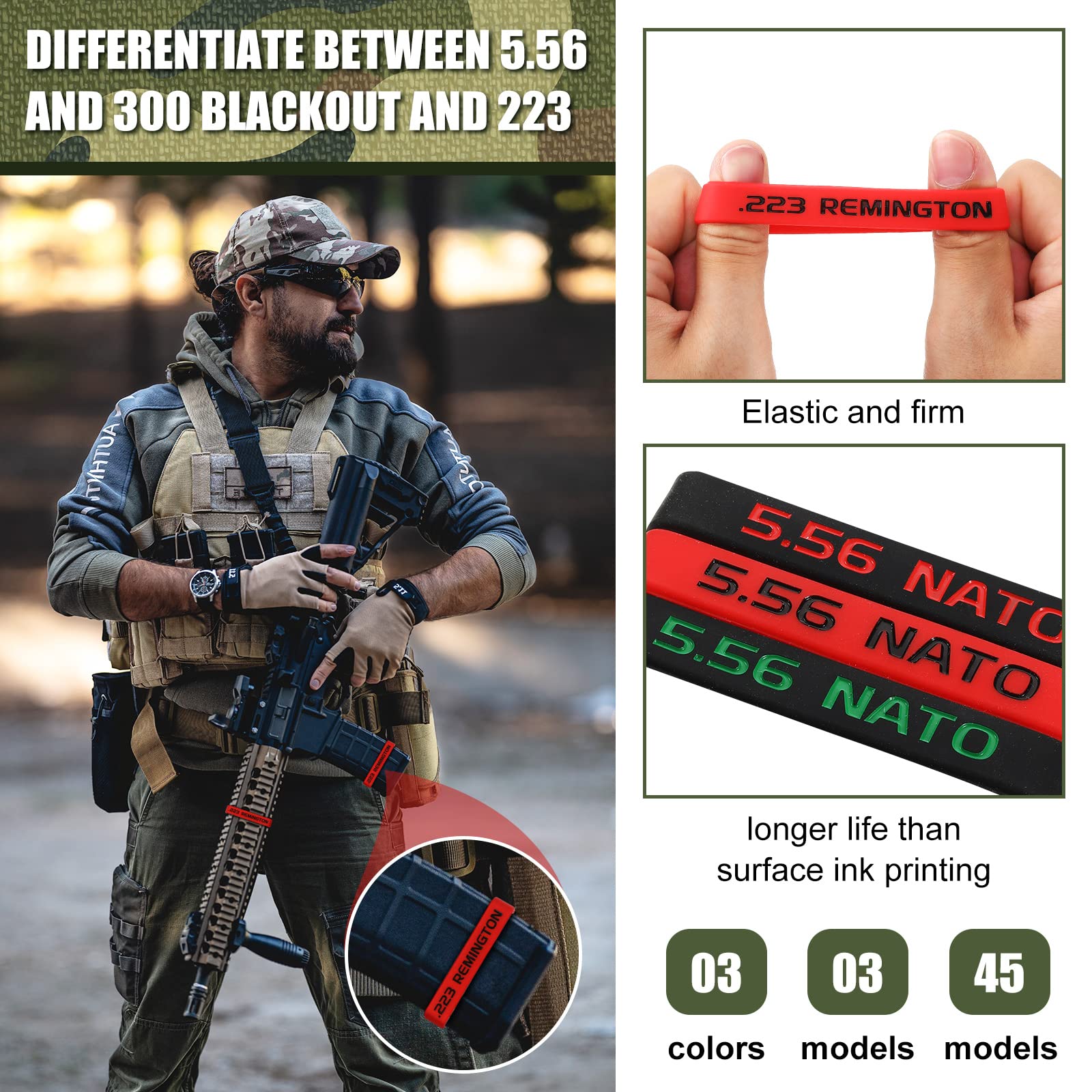 Chivao 45 Pack Magazine Marking Band 5.56, 223 REM, 300 Blackout Magazine Bands for Accessories
