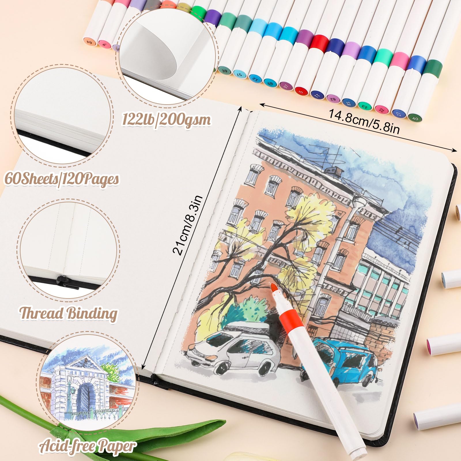 A5 Sketchbook 60 Sheets, Sketchbook with 200GSM Thick Paper - Black Hardback Art Drawing Pad for Sketching 14.8 x 21 cm, 120Pages - Image 2