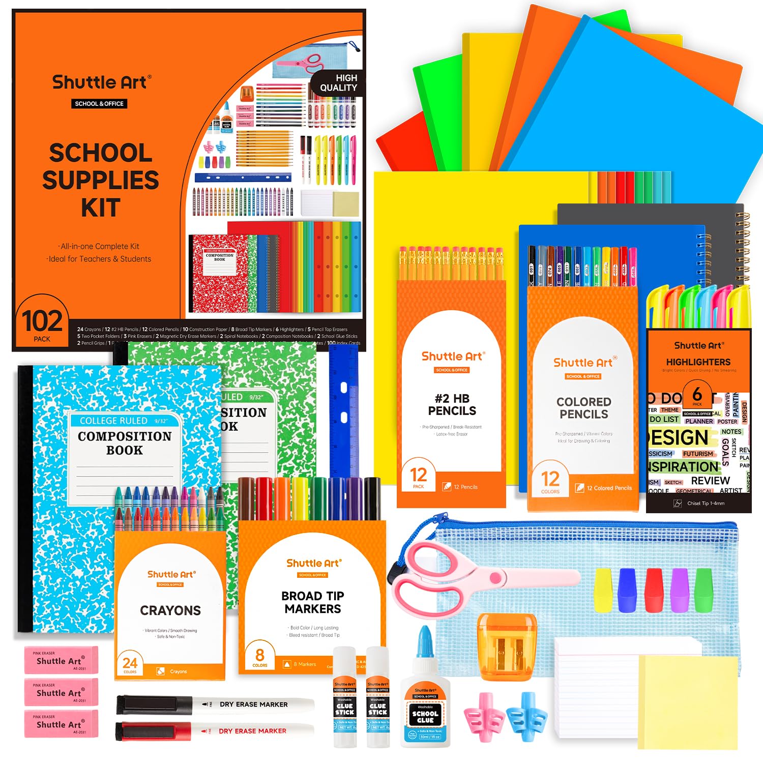 Shuttle Art 102 PCS Back to School Supplies Kit, School Supply Box for Grades K-5, School Supplies for Kids and Students, Including Pencils, Pens, Markers, Erasers, Notebooks, Folders and More
