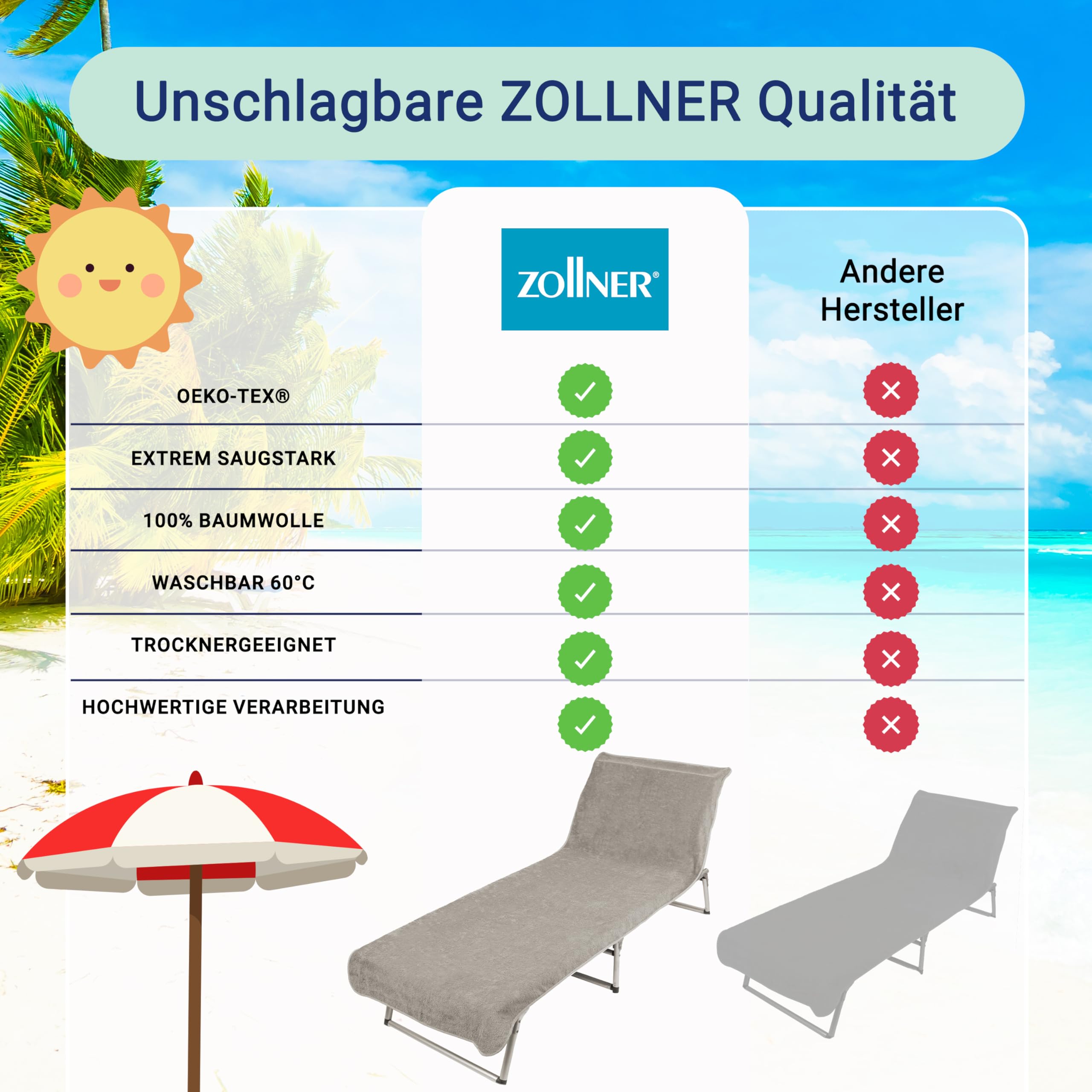 ZOLLNER Schonbezug - weiches und saugstarkes Strandtuch in 75x215 cm - waschbar bis 60°C - Baumwolle in grau - Fester Halt durch eingenähte Kapuze - Oeko Tex® Zertifiziert