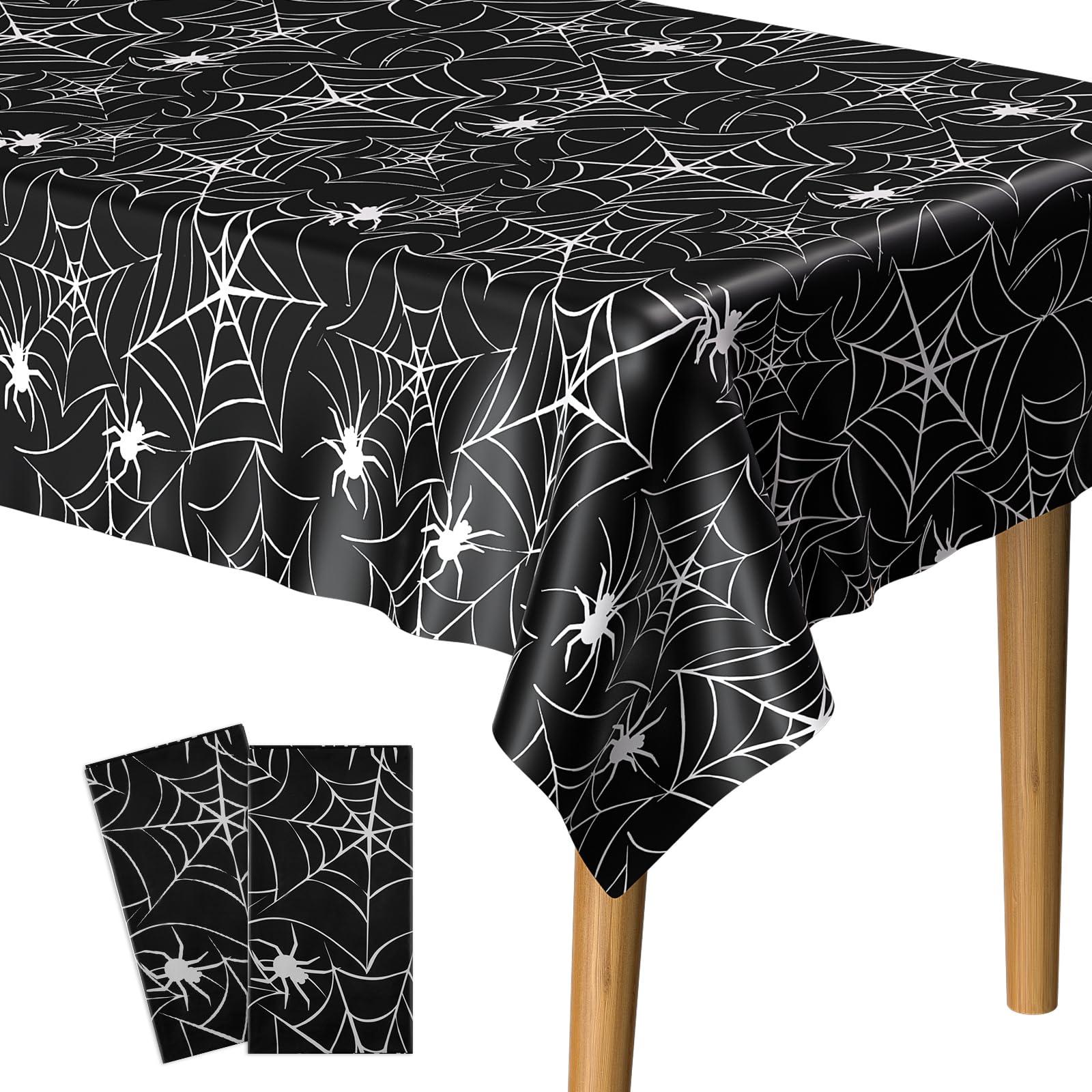 PLULON 2Pack Halloween Tablecloths 137x 274cm Spider Web Plastic Table Cloth Happy Halloween Table Cover for Holiday Dinner Table Decorations Halloween Party Supplies