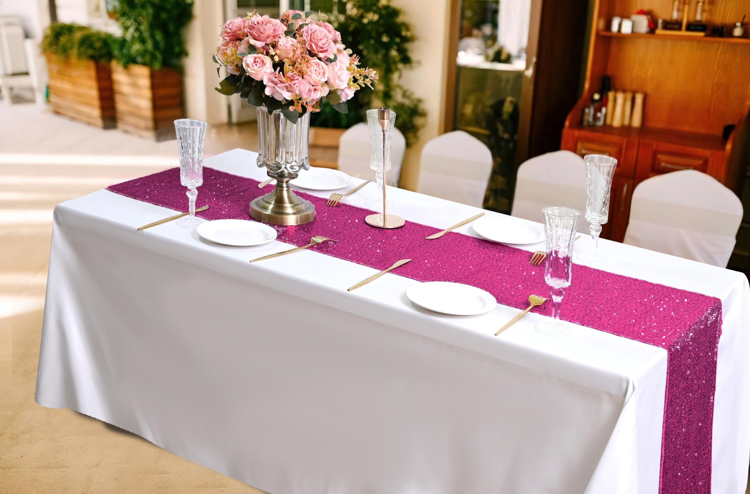 Confezione da 15 runner da tavola con paillettes, 30,5 x 274 cm, colore: rosa acceso, runner da tavola con paillettes metallizzate, glitter, per matrimoni, ricevimenti, feste di fidanzamento, feste di