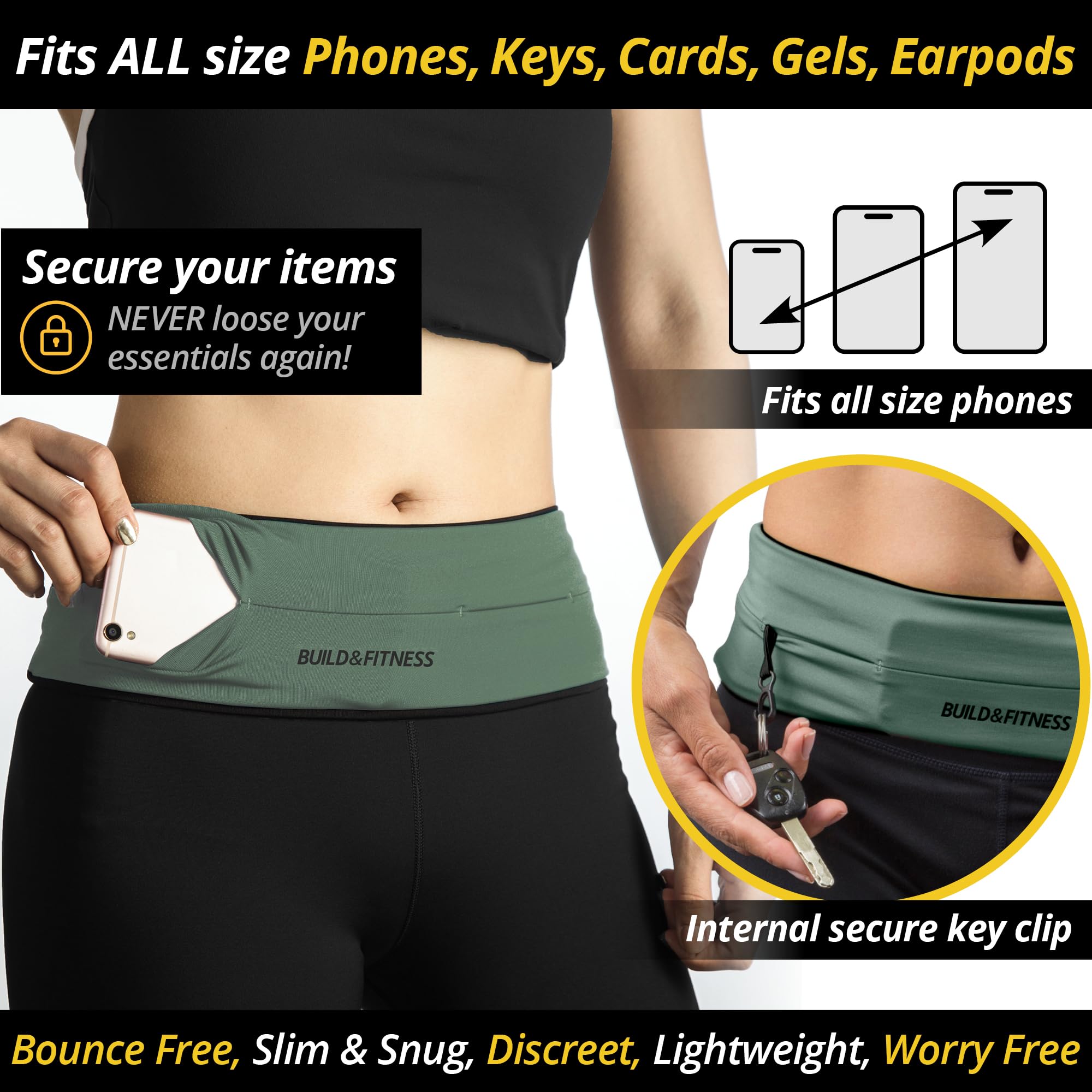 Cintura da corsa Build & Fitness con cerniera, portachiavi, porta telefono, marsupio unisex