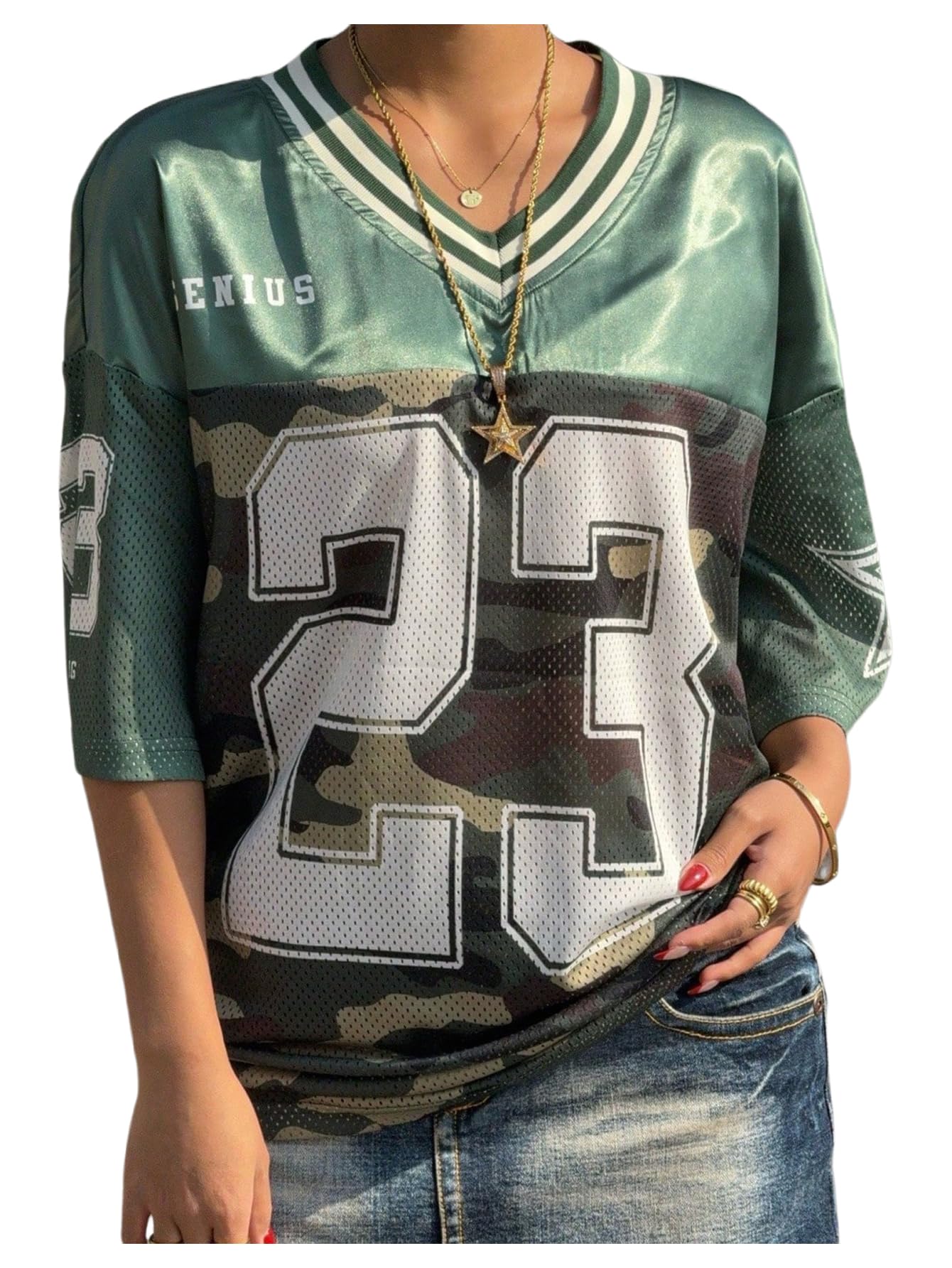 Floerns Women's Camo Print Team Sports T Shirts V Neck Basketball Jersey Tee Shirts