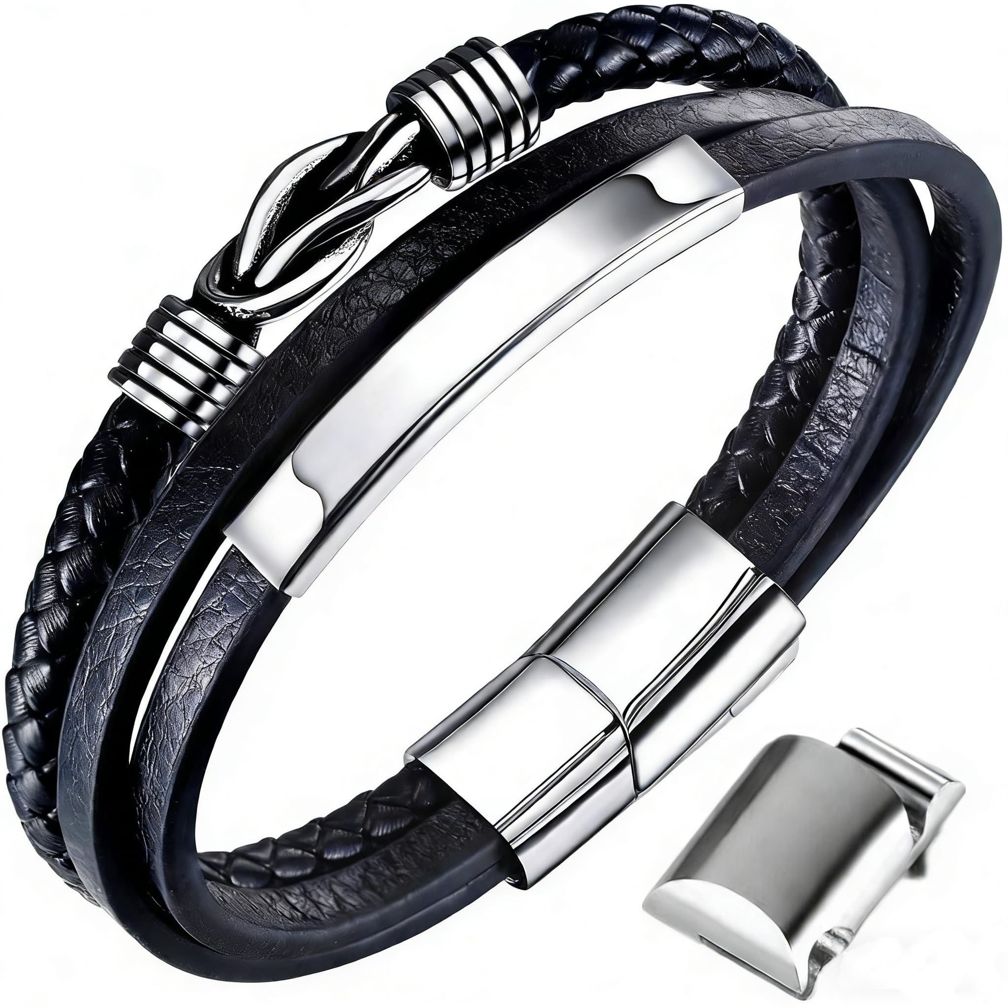 Gkmamrg Geschenk für Männer - Herren Armband - Lerderarmband - Leder Armreif schwarz - geflochten Echtleder Breites Wickelarmband mit Magnet Verschluss Männergeschenke