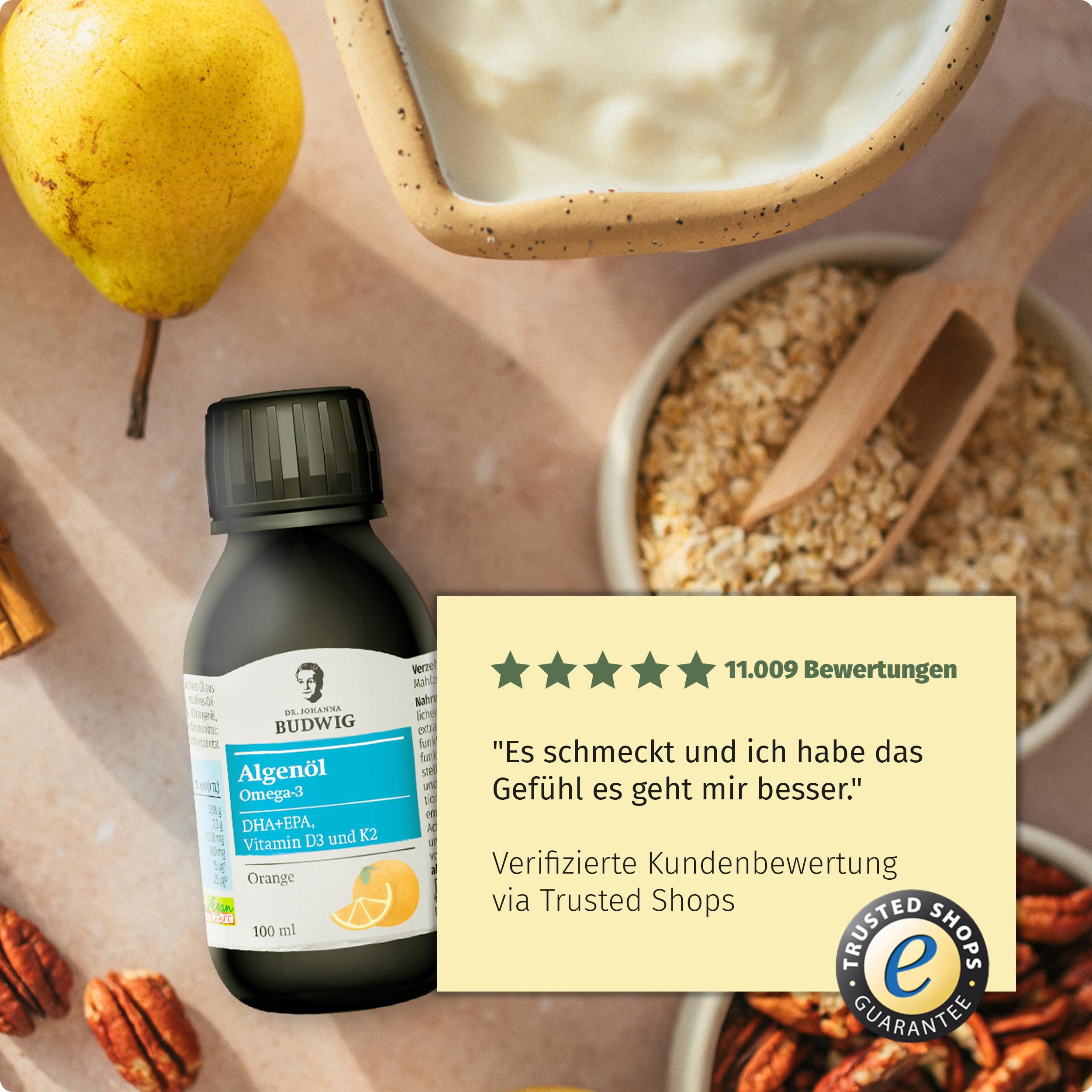 Dr. Budwig Premium Omega 3 Algenöl Vegan Orange (100ml) | Hochdosiert - 2300mg natürliches DHA, DPA & EPA - Vitamin D3 und K2 - flüssig - laborgeprüft - Alternative Fischöl