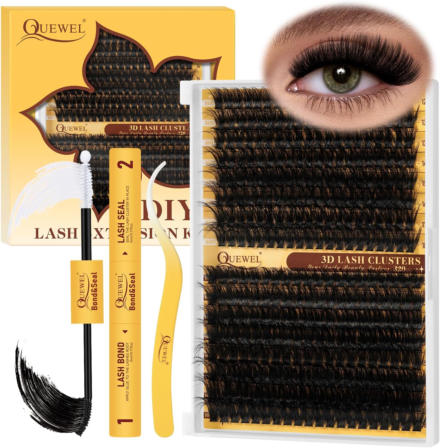Lash Clusters Kit, 320Pcs 80D+100D 3D Lash Cluster Eyelash Extensions 12-18mm Volume Lash Clusters Kit with Lash Bond and Seal and Lash Tweezers Easy DIY at Home(80+100D 3D Kit)