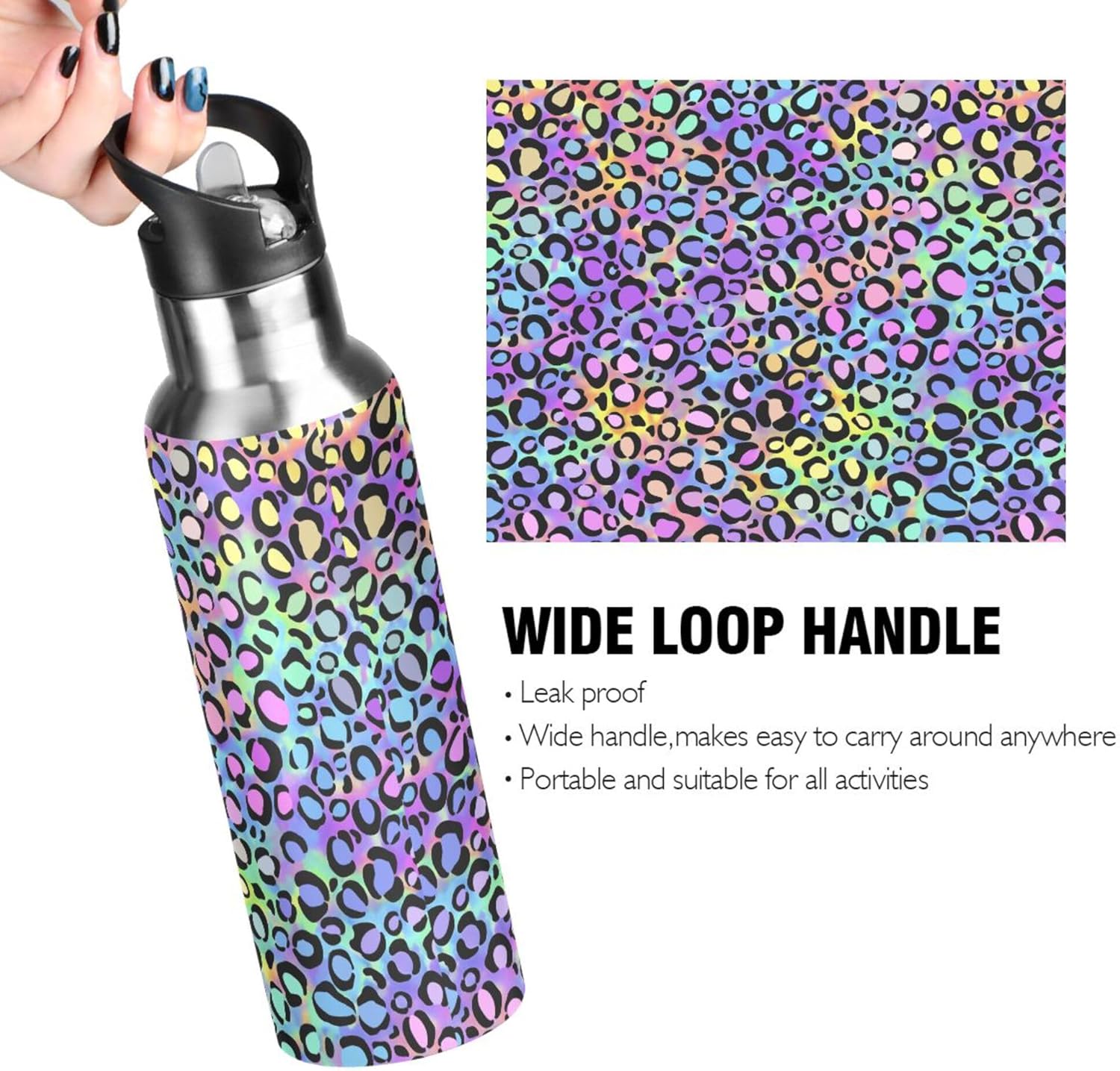MNSRUU Water Bottle with Straw Stainless Steel, Rainbow Leopard Hot Cold Insulated Sports Water Bottle for Cycling Hiking School Yoga Gym, Leak Proof Lid