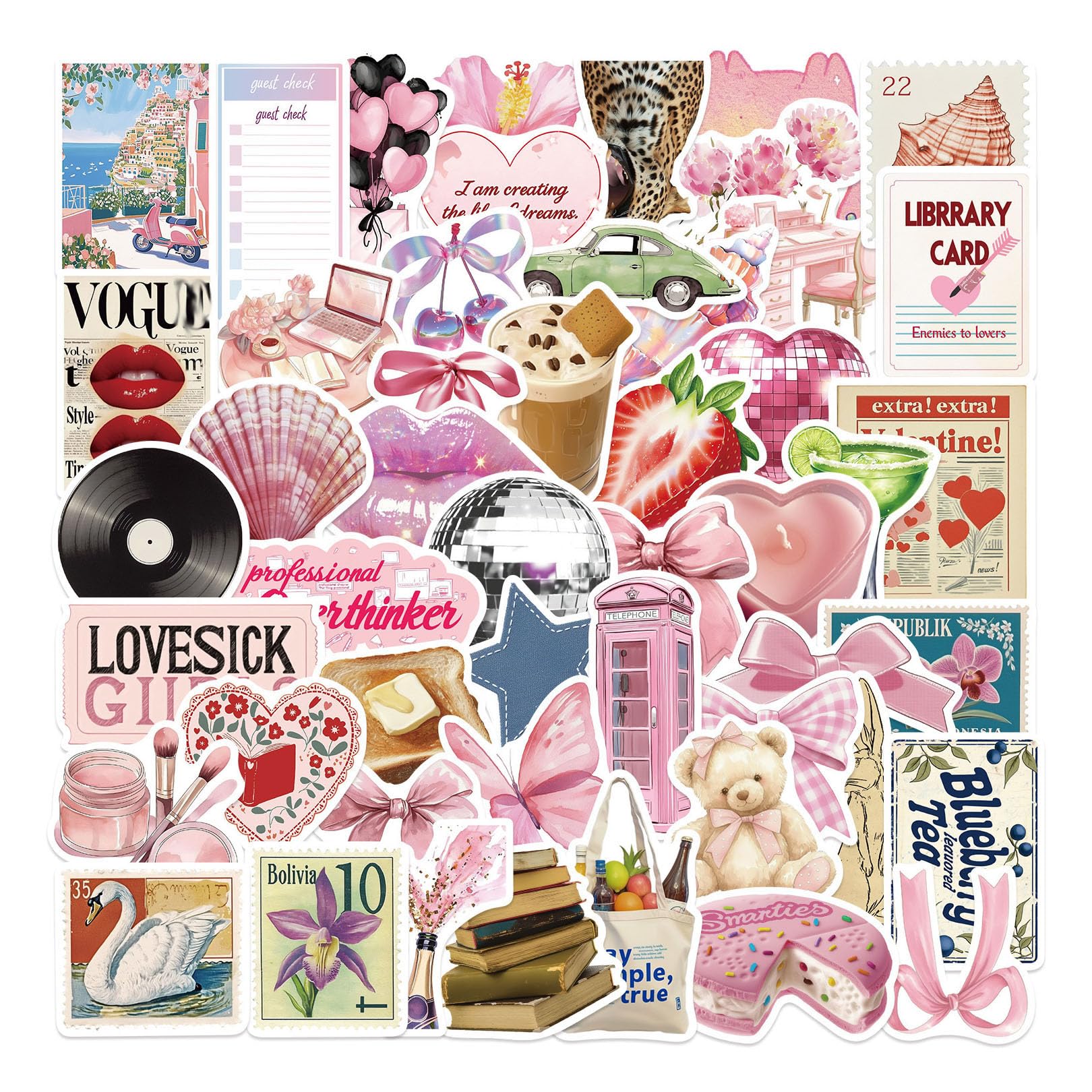 100pcs Pink Aesthetic Stickers Vinyl Coquette Stickers Pack Waterproof Pink Stickers for Girls, Aesthetic Decals Stickers for Laptop,Water Bottles, Scrapbook,Phone,Cute Stickers for Women Teens Gifts