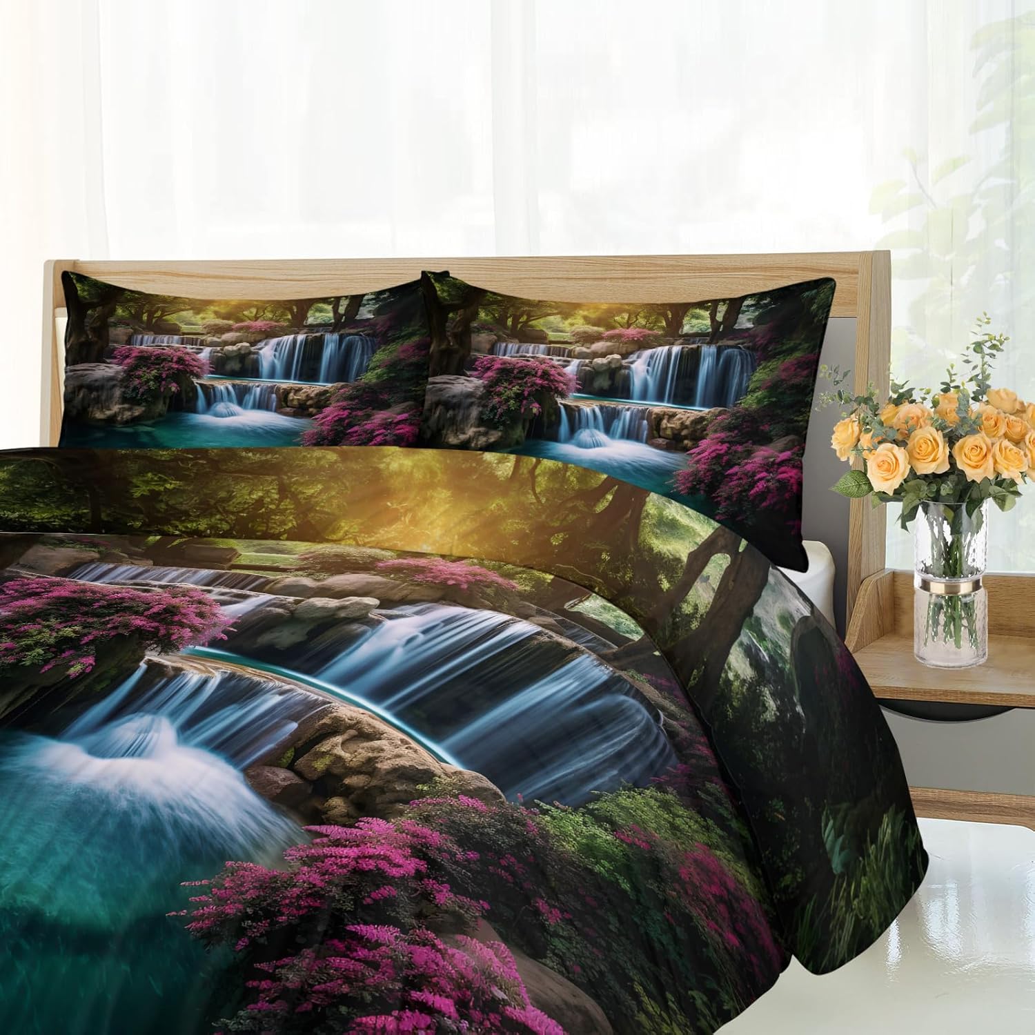 Natural Waterfall Comforter Cover Queen Size - Forest Lake Duvet Cover Set, Landscape Quilt Cover with Zipper Closure, 3 Pieces Soft & Breathable Bedding Set