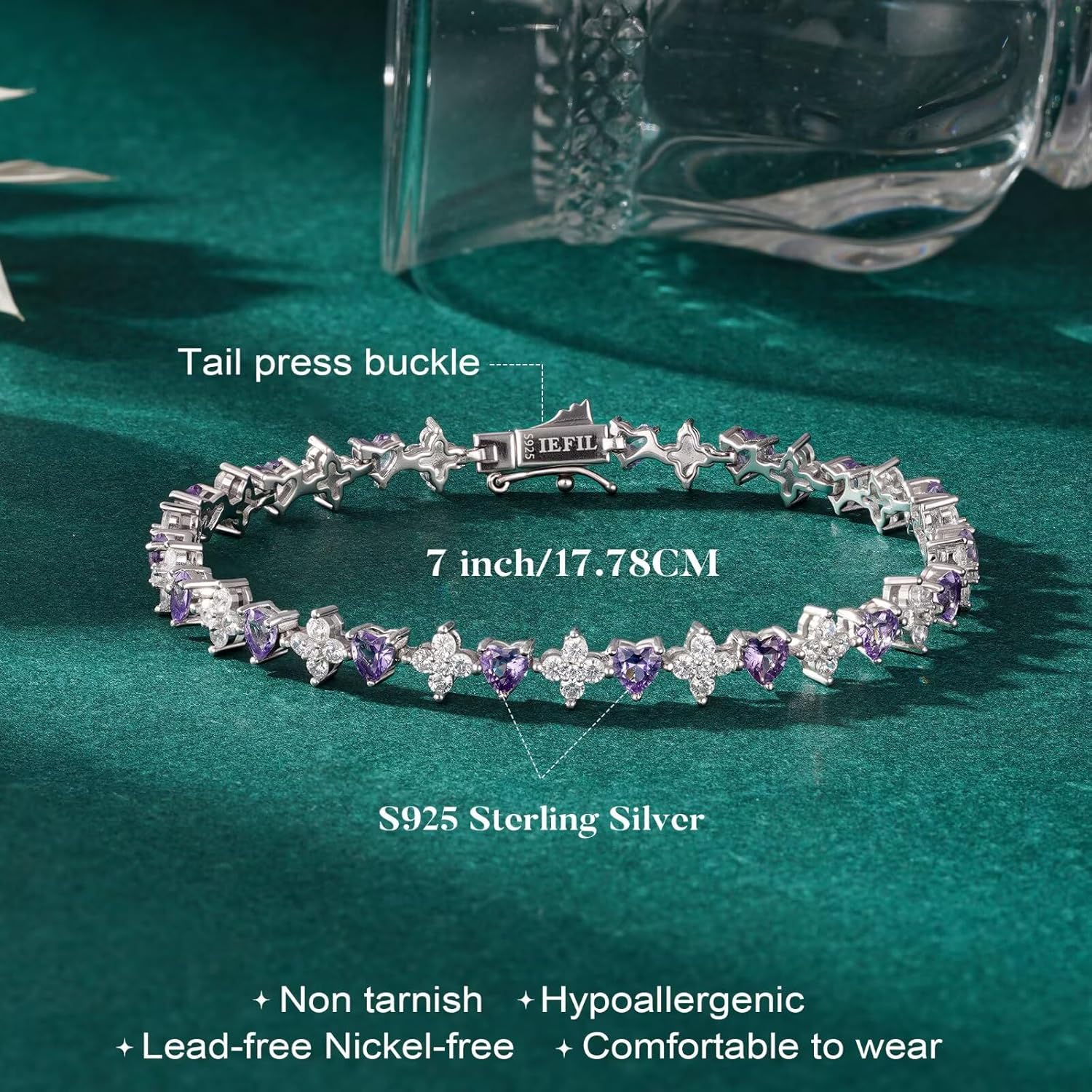 Iefil Heart & Four-leaf Clovers Tennis Bracelets for Women - 925 Sterling Silver Heart Birthstone Bracelet, Anniversary Birthday Gifts for Women, Fine Jewelry Gifts for Wife Mom Her, 7"-7.5" - Image 7
