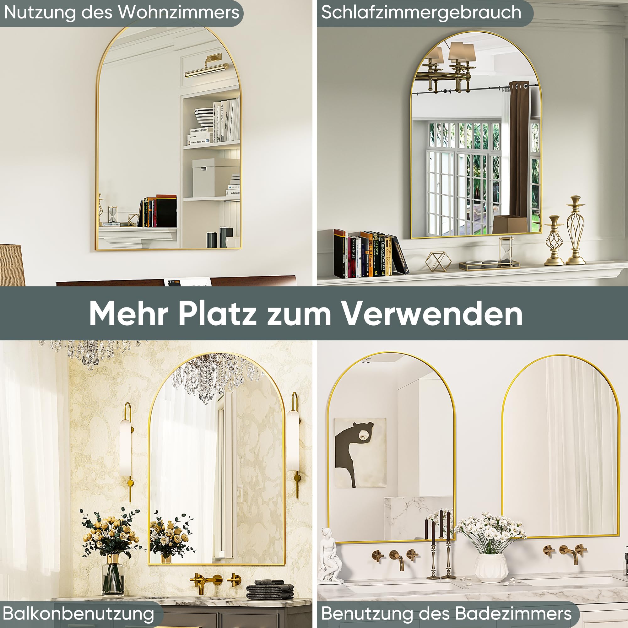 Badkamerspiegel, decoratieve wandspiegel, 51 x 76 cm, wandspiegel voor badkamer, gebogen spiegel, badkamerspiegel voor woonkamer, slaapkamer, entree, horizontaal/verticaal (goudkleurig