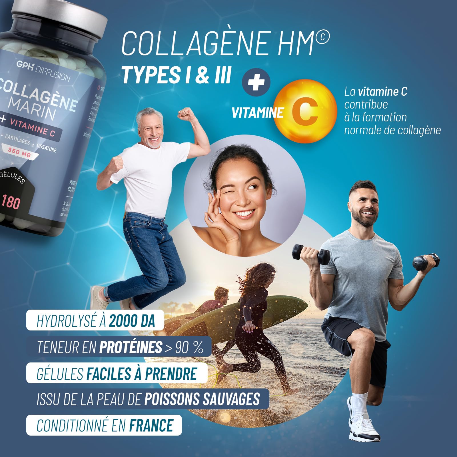 Collagène Marin + Vitamine C - 350 mg - 180 gélules - Peau, Ossature, Cartilages - Fabriqué en France