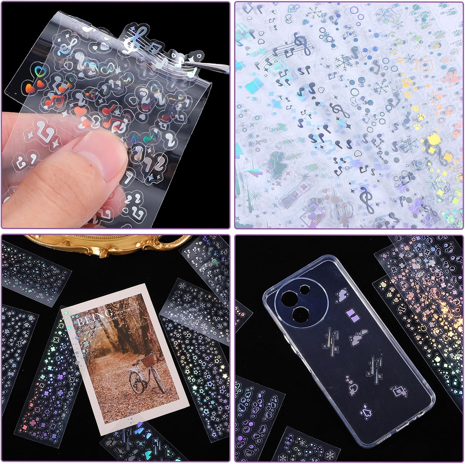24 Sheets Holographic Photocard Stickers Self Adhesive Glitter | Korean Deco Stickers Shiny Tiny Stickers for Phone Scrapbook Journal Photocards PET Material Laser Color