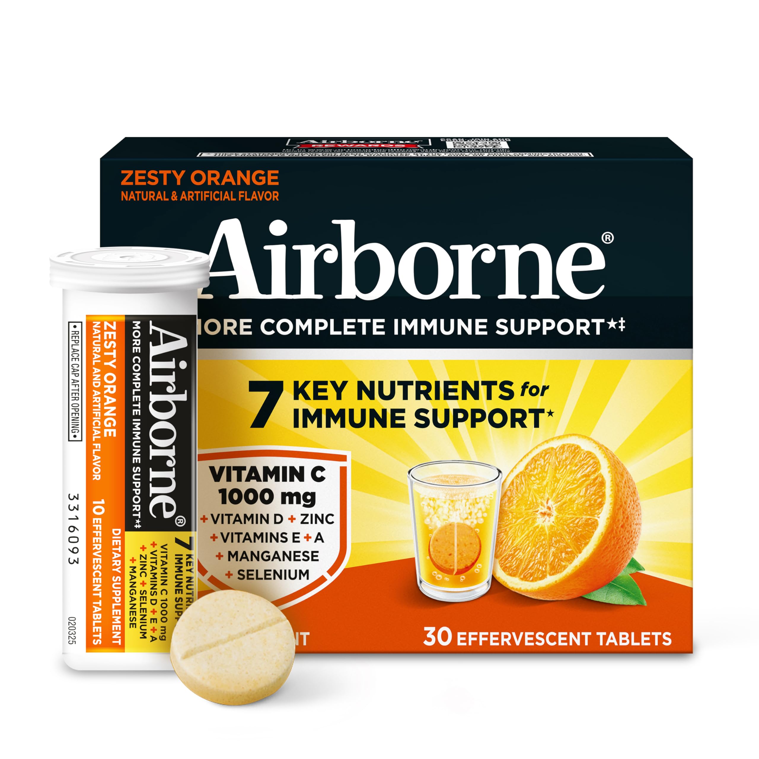 Airborne 1000mg Vitamin C with Vitamin D & Zinc, Sugar Free Multivitamin Immune Support Supplement, Antioxidants Vitamins A C & Vitamin E, 30 Effervescent Tablets, Zesty Orange Flavor