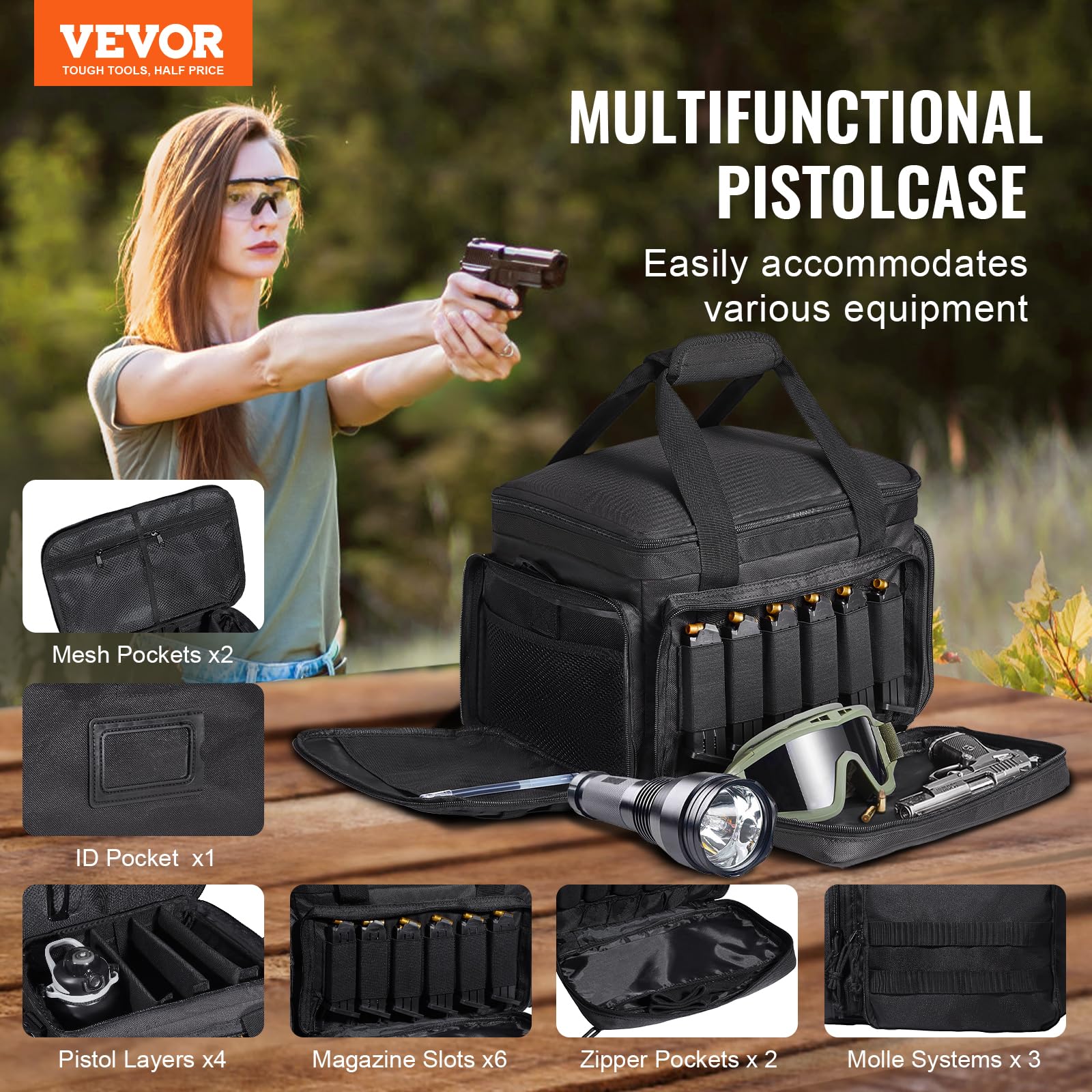 VEVOR Custodia Morbida per Pistola Capienza 4 pistole, Custodia Borsa per Pistola con 3 Pannelli Rimovibili 6 Caricatori, Custodia per Armi da Fuoco, Borsa per Pistola di Caccia all'Aperto