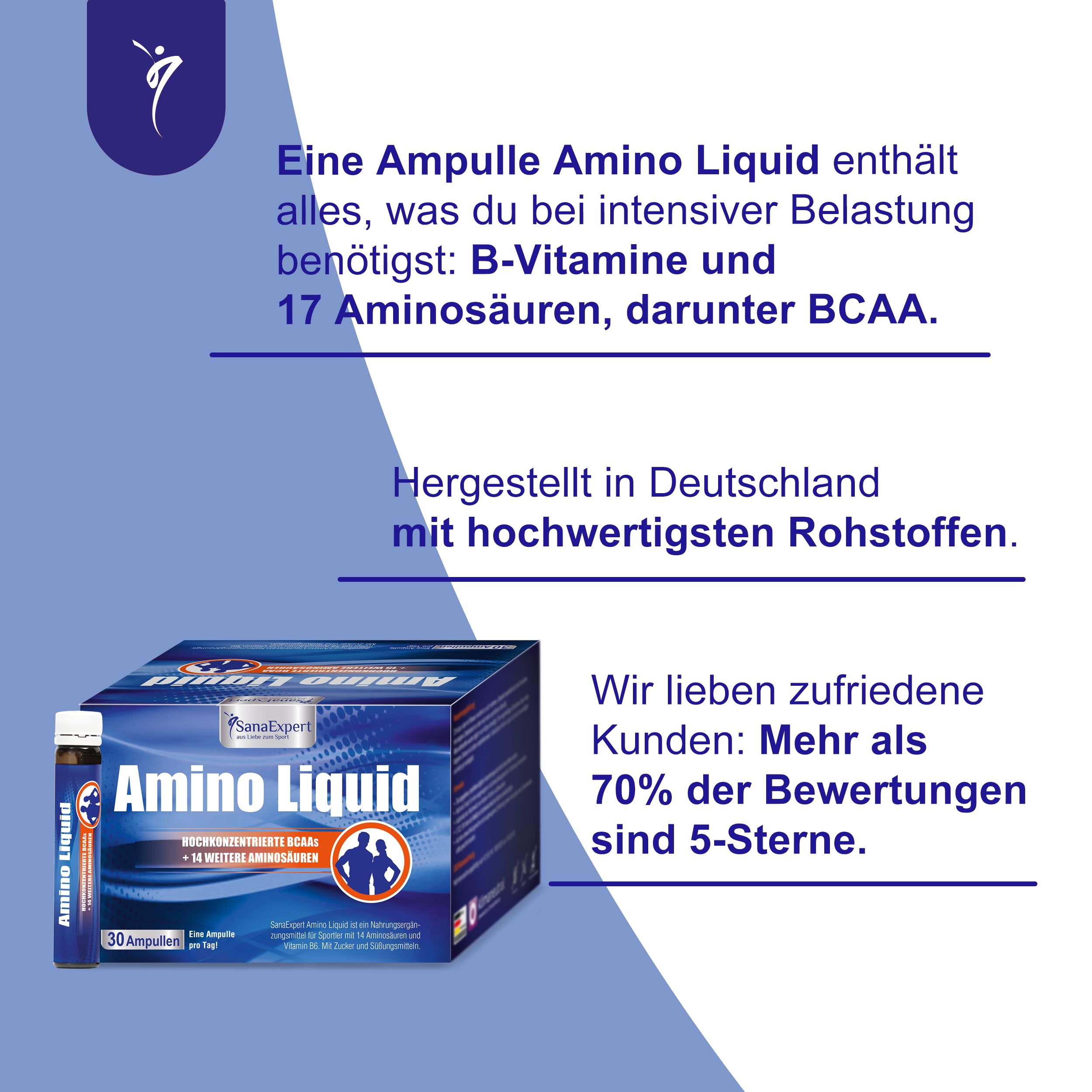 SanaExpert® Amino Liquid - Hochdosiertes Aminosäuren-Konzentrat mit BCAAs & Vitamin B6-30 Trinkampullen à 25 ml - Flüssige Form - Made in Germany
