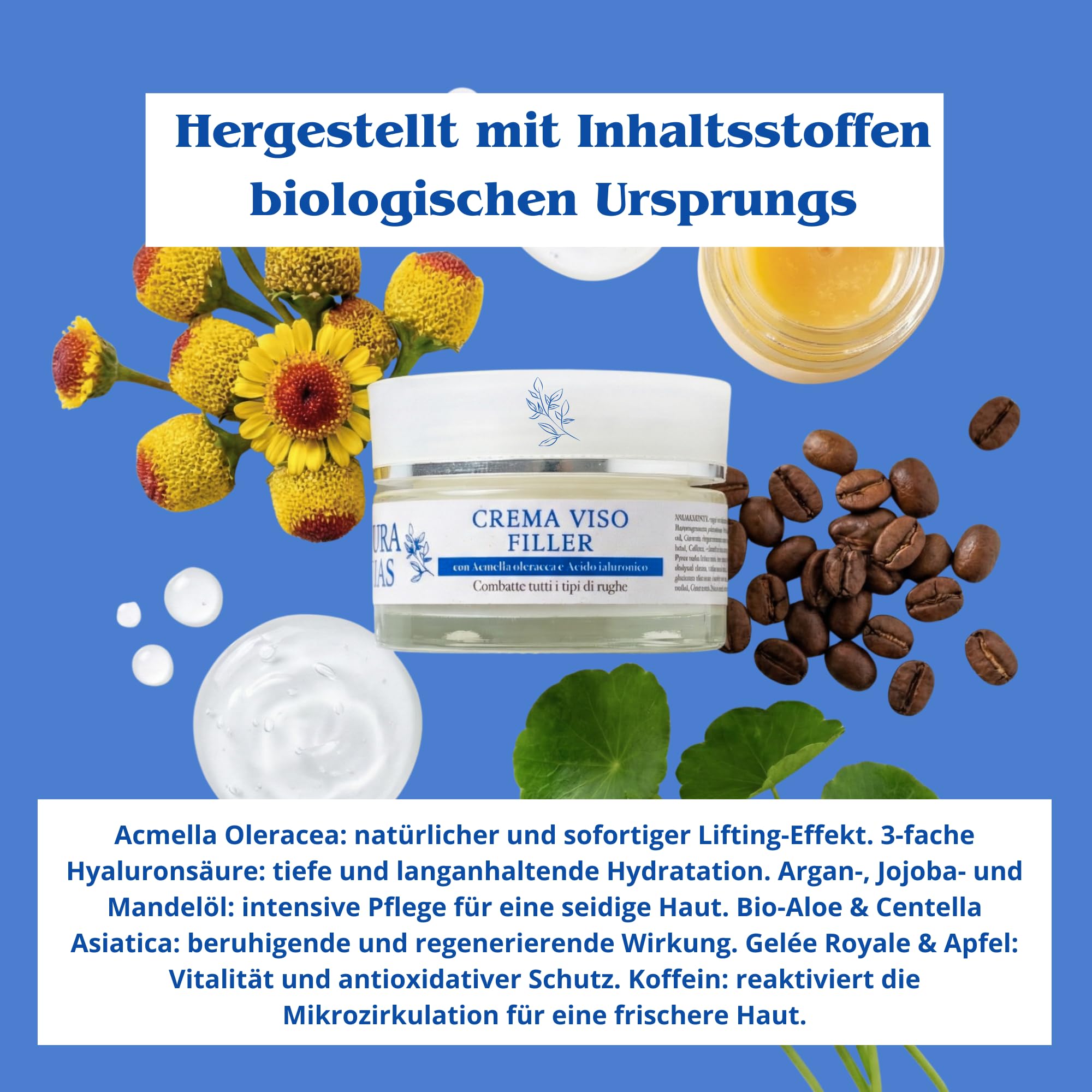 Antifalten-Gesichtscreme mit EXTRA STARKEM Filler- und Sofort-Lifting-Effekt – 3-fache Hyaluronsäure, Acmella Oleracea, Gelée Royale und Koffein – Aufgepolsterte und glatte Haut – NaturaPuras 50 ml
