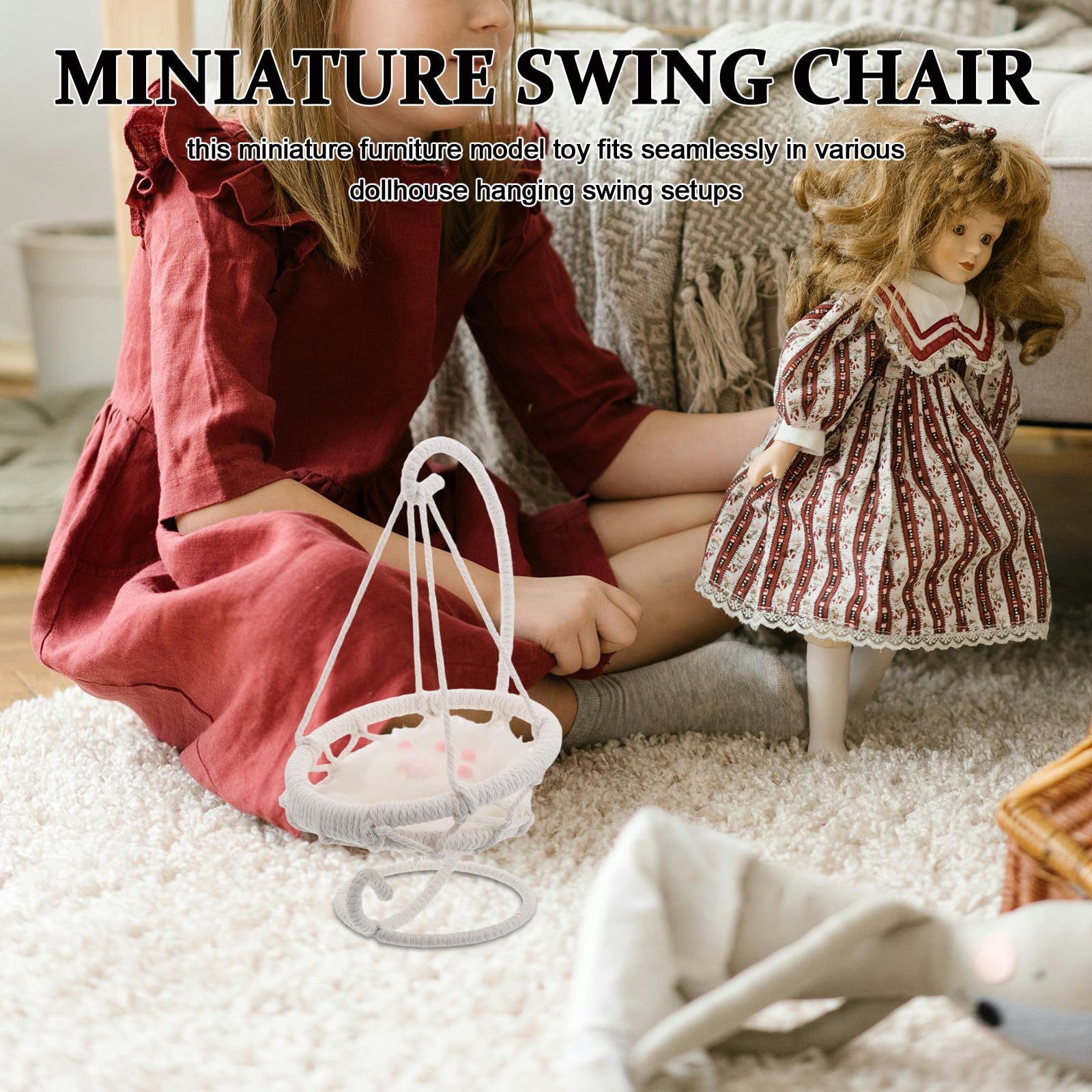 Mini-Hängesessel für Puppen: Miniatur-Korbschaukel für Puppenhauszubehör – Puppenhaus-Hängemöbel, Miniaturmöbel zum Rollenspiel