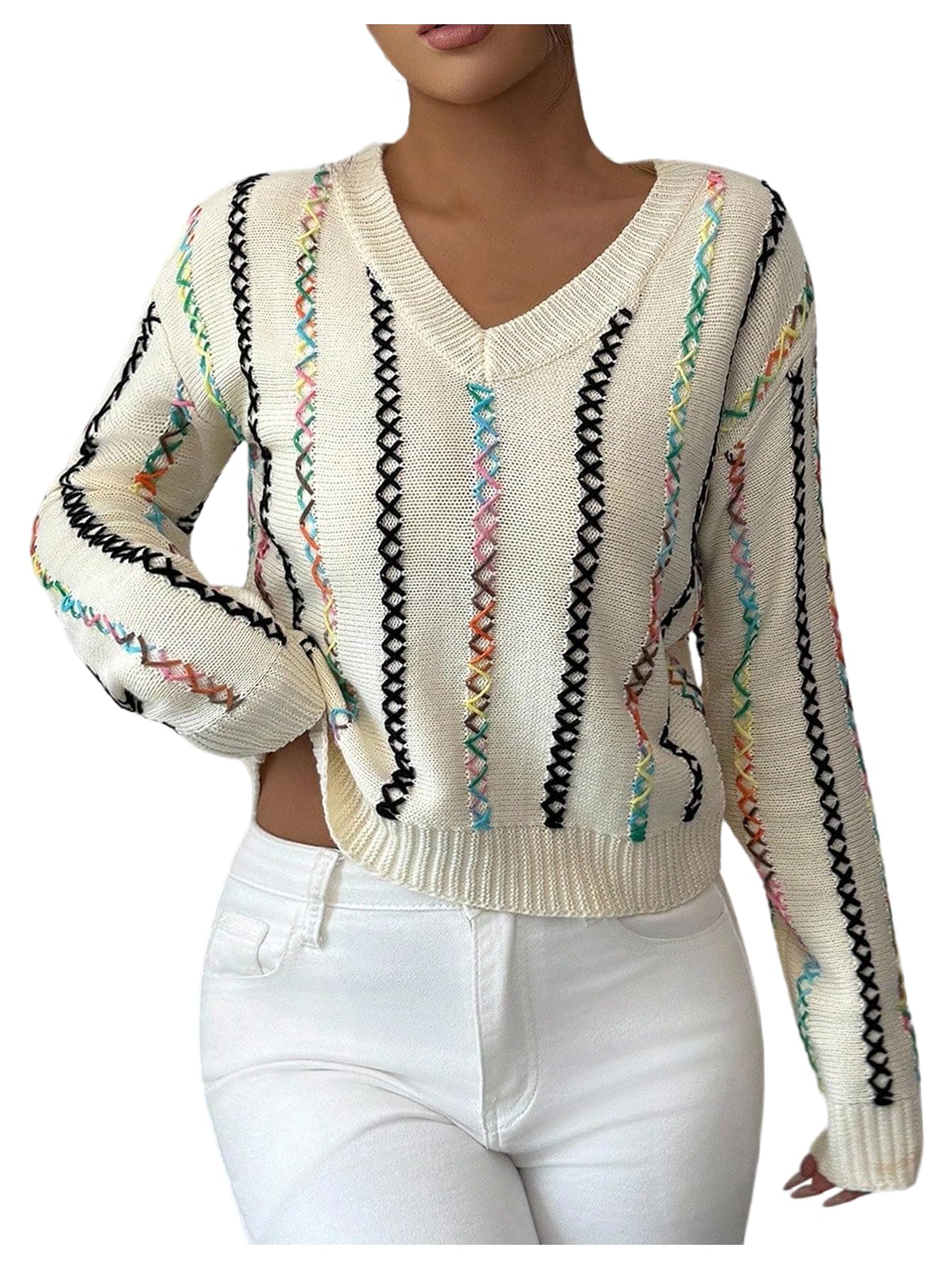 Verdusa Womens Braided Striped Cozy Sweaters Boho Chic Knit Pullovers Trendy Fall Tops