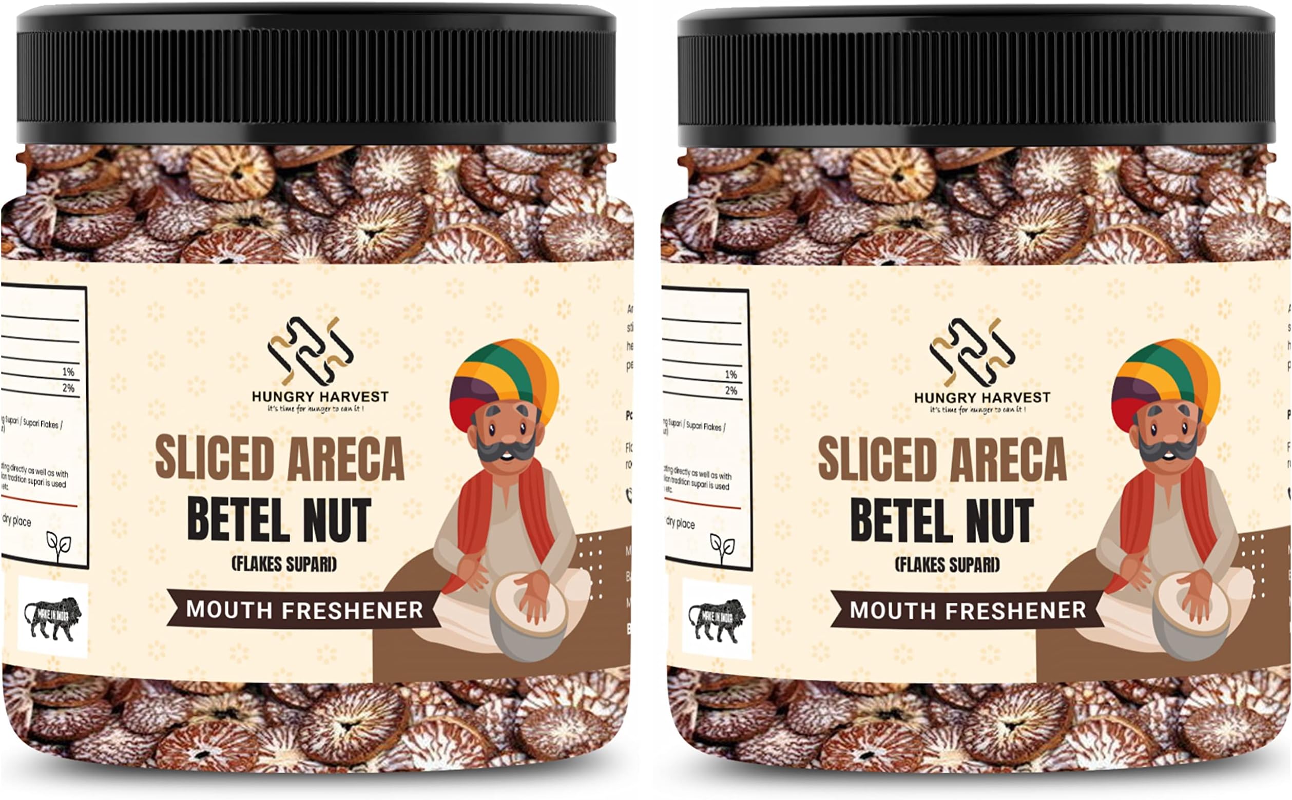 Hungry Harvest Sliced Betel Nut | Sliced Areca Nut | Cutting Supari Kachi Sopari | Kachi Cutting Sliced Supari | Raw Unflavoured Flakes [Jar Pack] (250 Grams (Pack of 2 of 125 Grams))