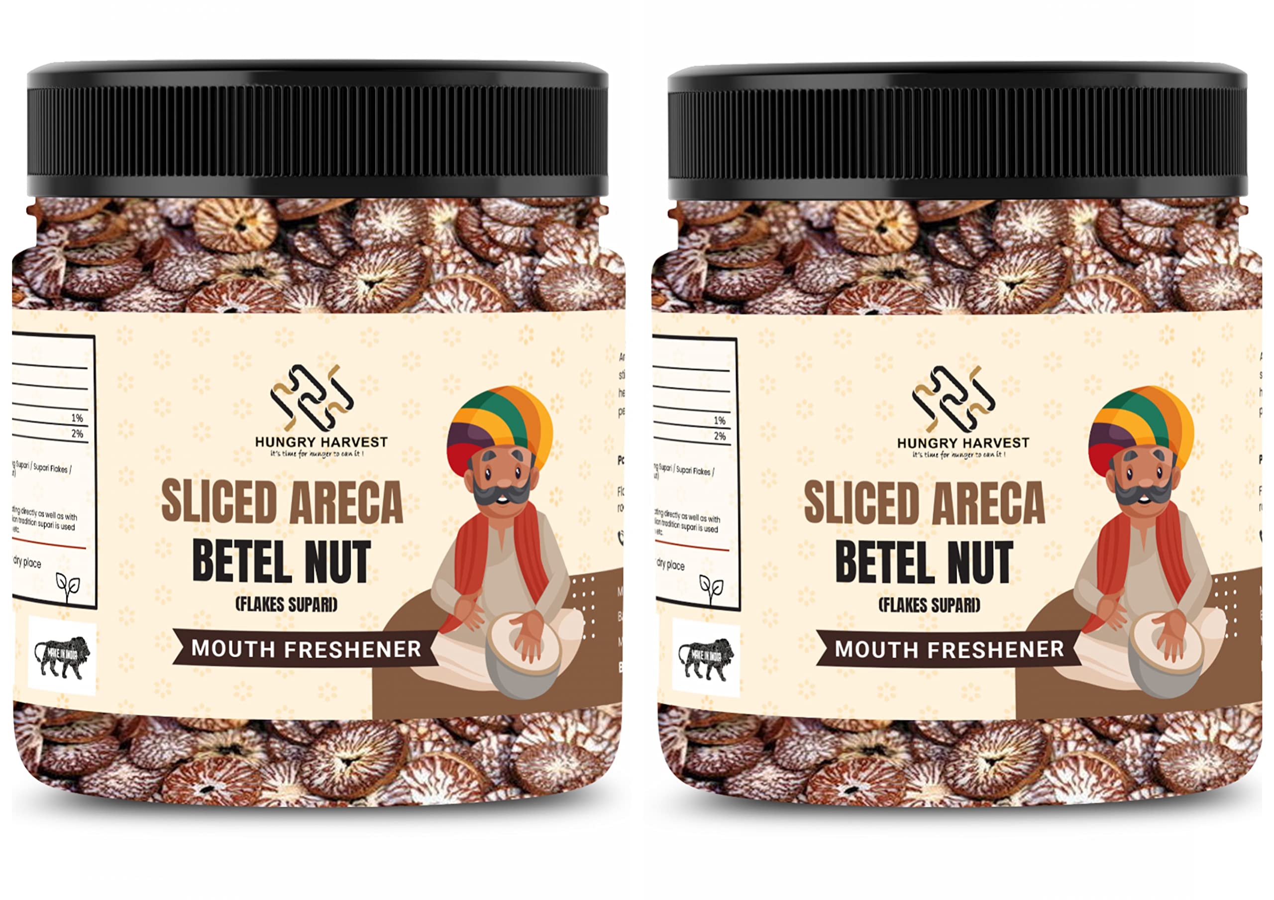 Hungry Harvest Sliced Betel Nut | Sliced Areca Nut | Cutting Supari Kachi Sopari | Kachi Cutting Sliced Supari | Raw Unflavoured Flakes [Jar Pack] (250 Grams (Pack of 2 of 125 Grams))