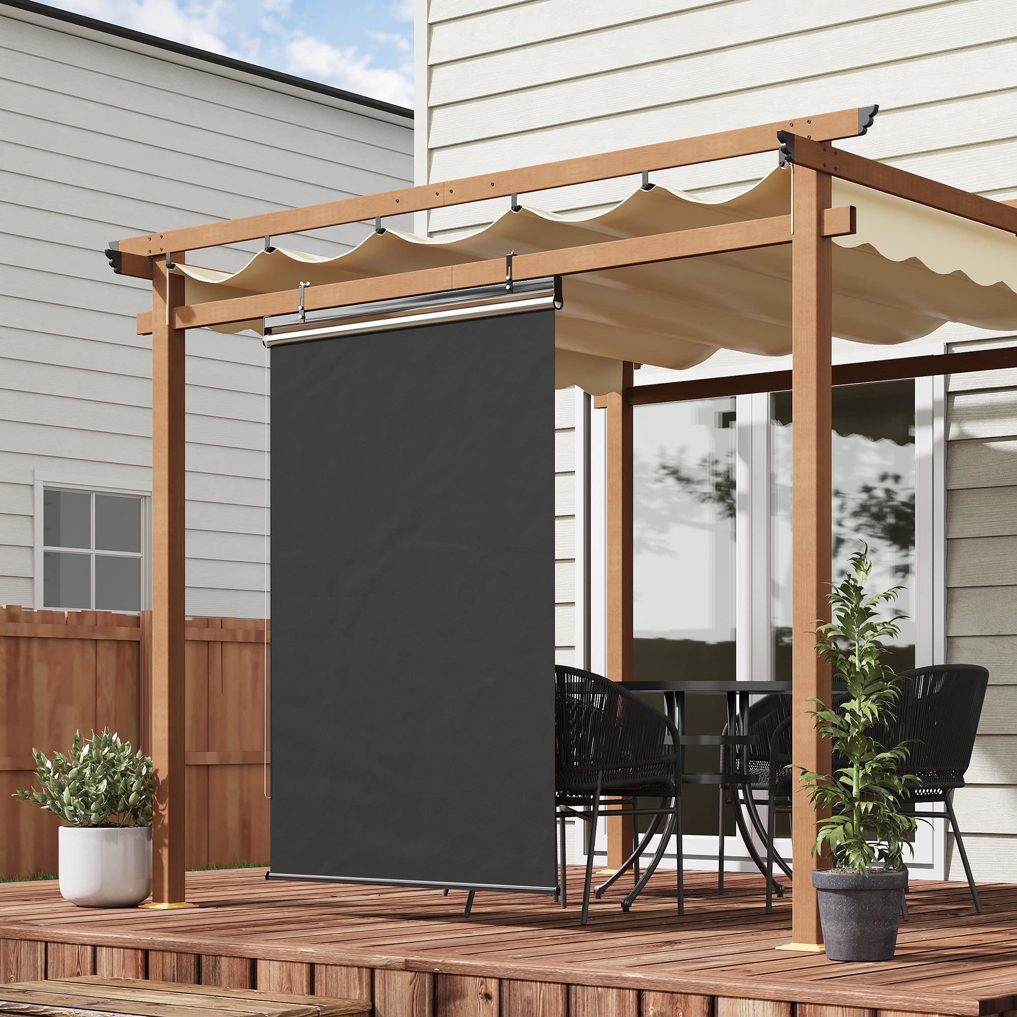 Outsunny Store Extérieur Vertical Rétractable 124L x 222H cm Gris Foncé | Manuel, Store Pare-Soleil Enroulable, Installation sans Perçage, Alu., Polyester Haute Densité