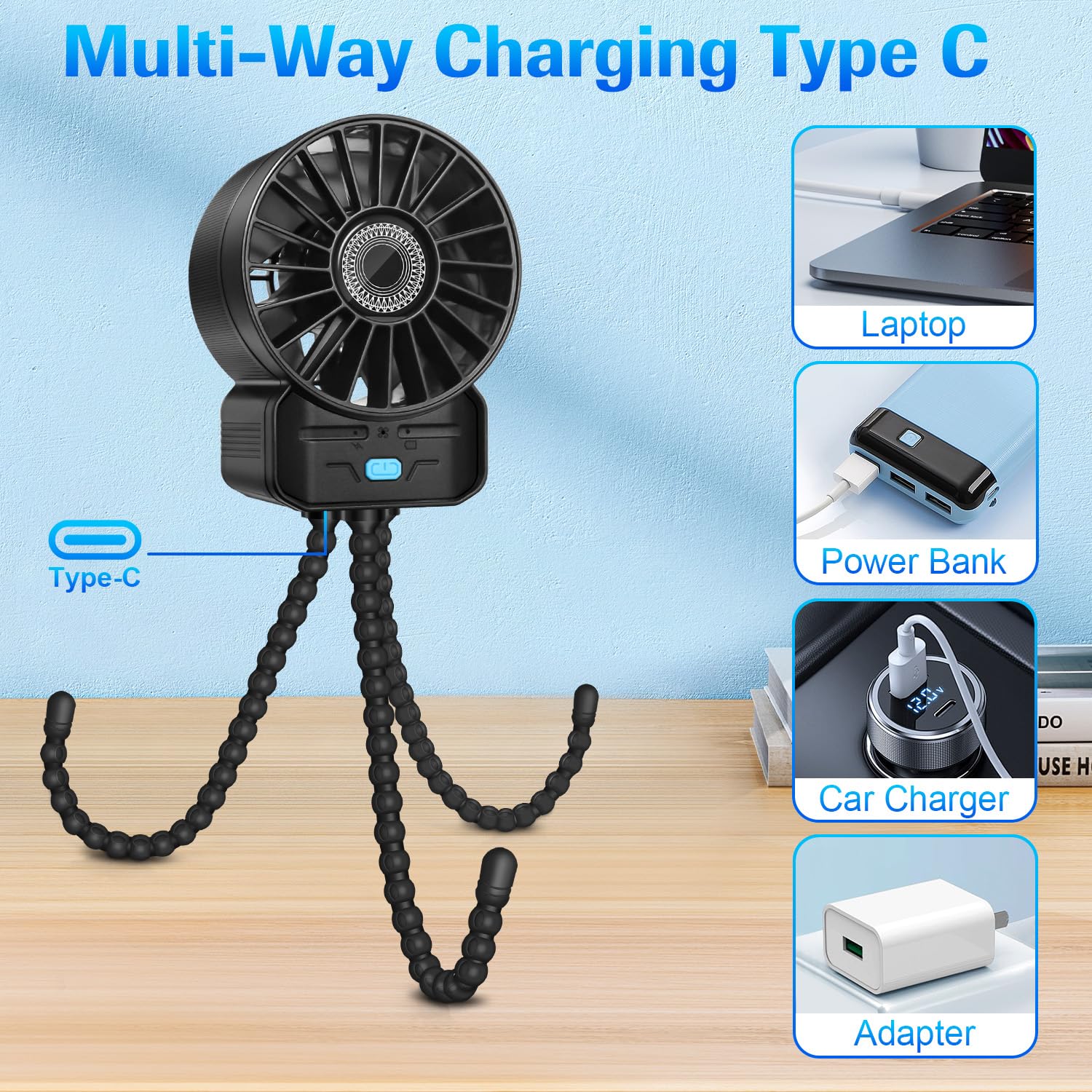 Ventilateur Poussette Bebe, Mini Ventilateur Portable USB C avec Trépied Pince, 4 Vitesses, Robust und Flexibel, 2000mAh, pour Siège Voiture, Lit bébé et Berceau, Puissant et Silencieux